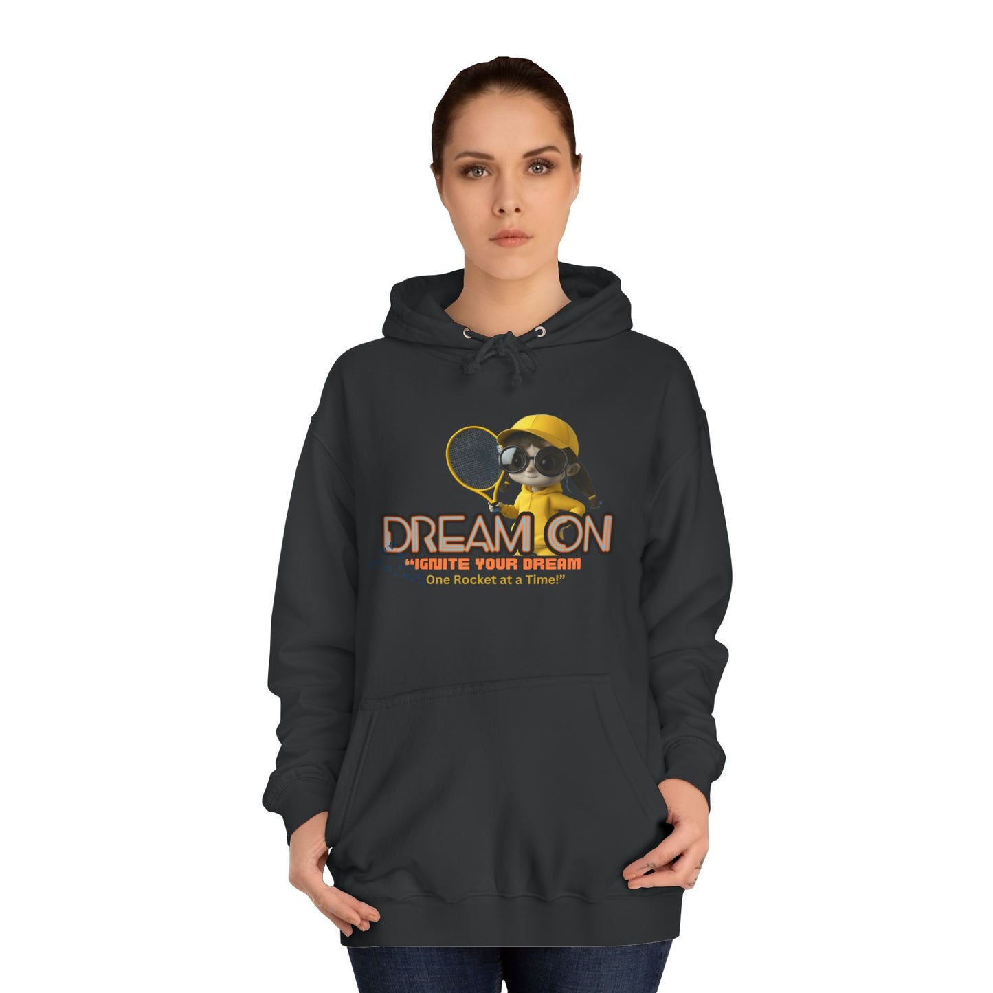 Person wearing a charcoal hoodie with a graphic design