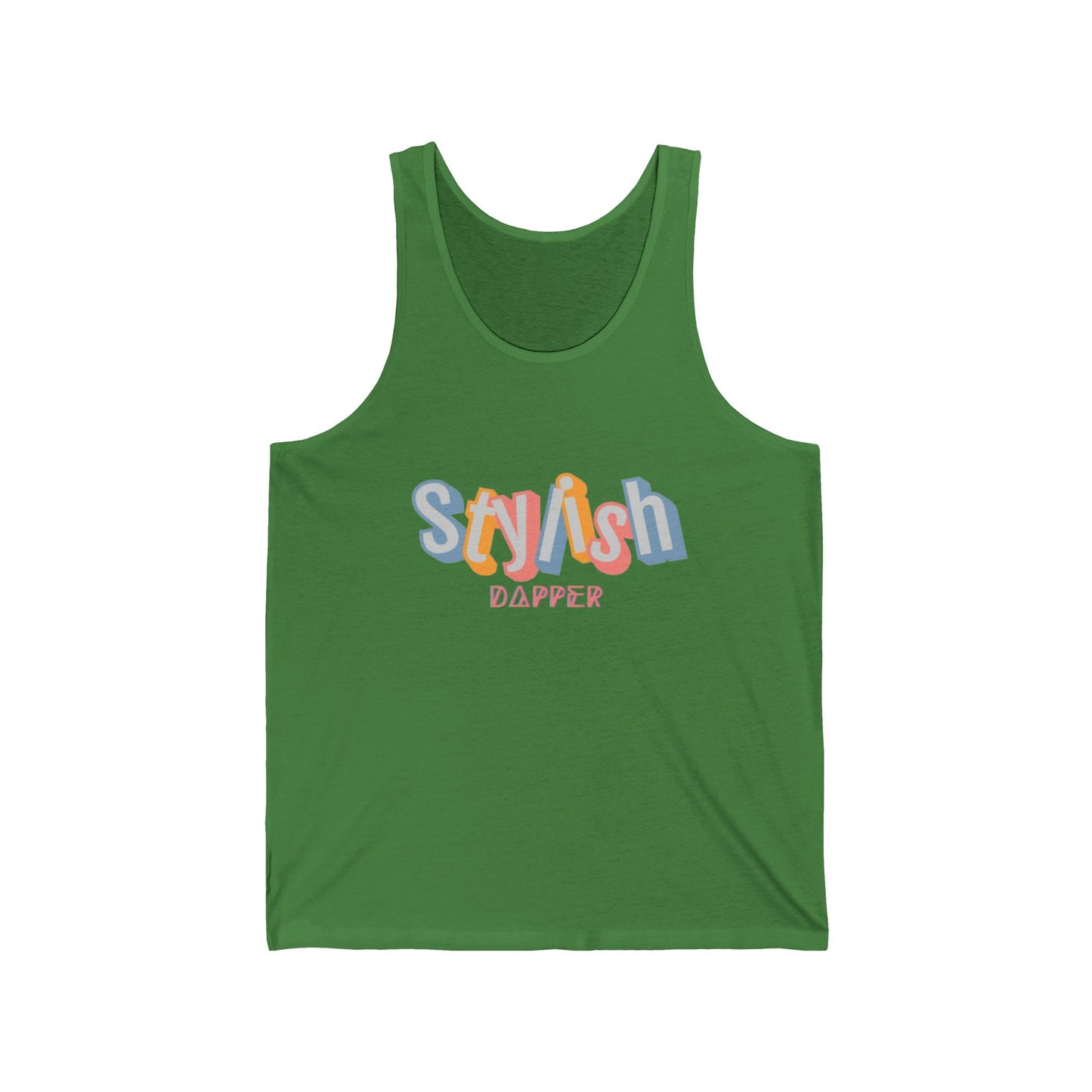 Unisex jersey tank with “Stylish Dapper” text on front