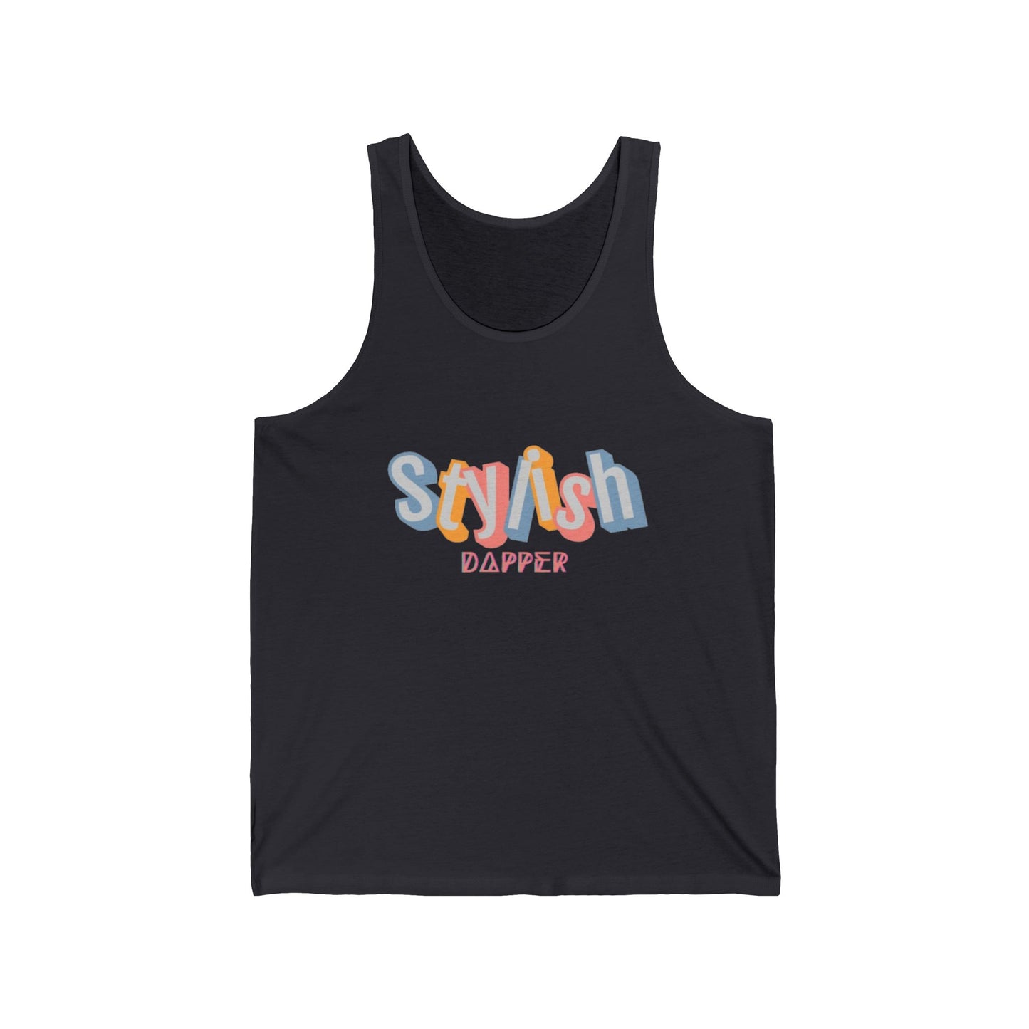 Unisex jersey tank with “Stylish Dapper” text on front