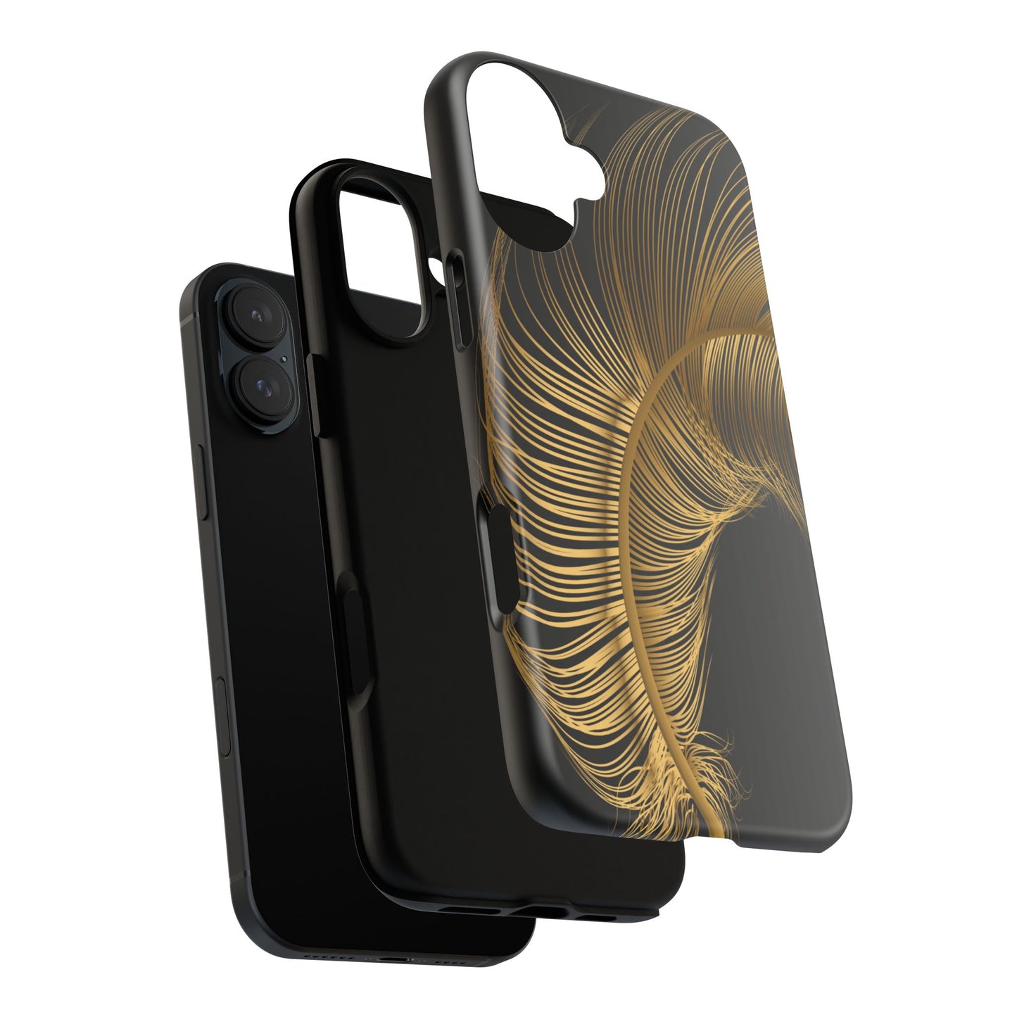 Phone case with gold feather design on black background