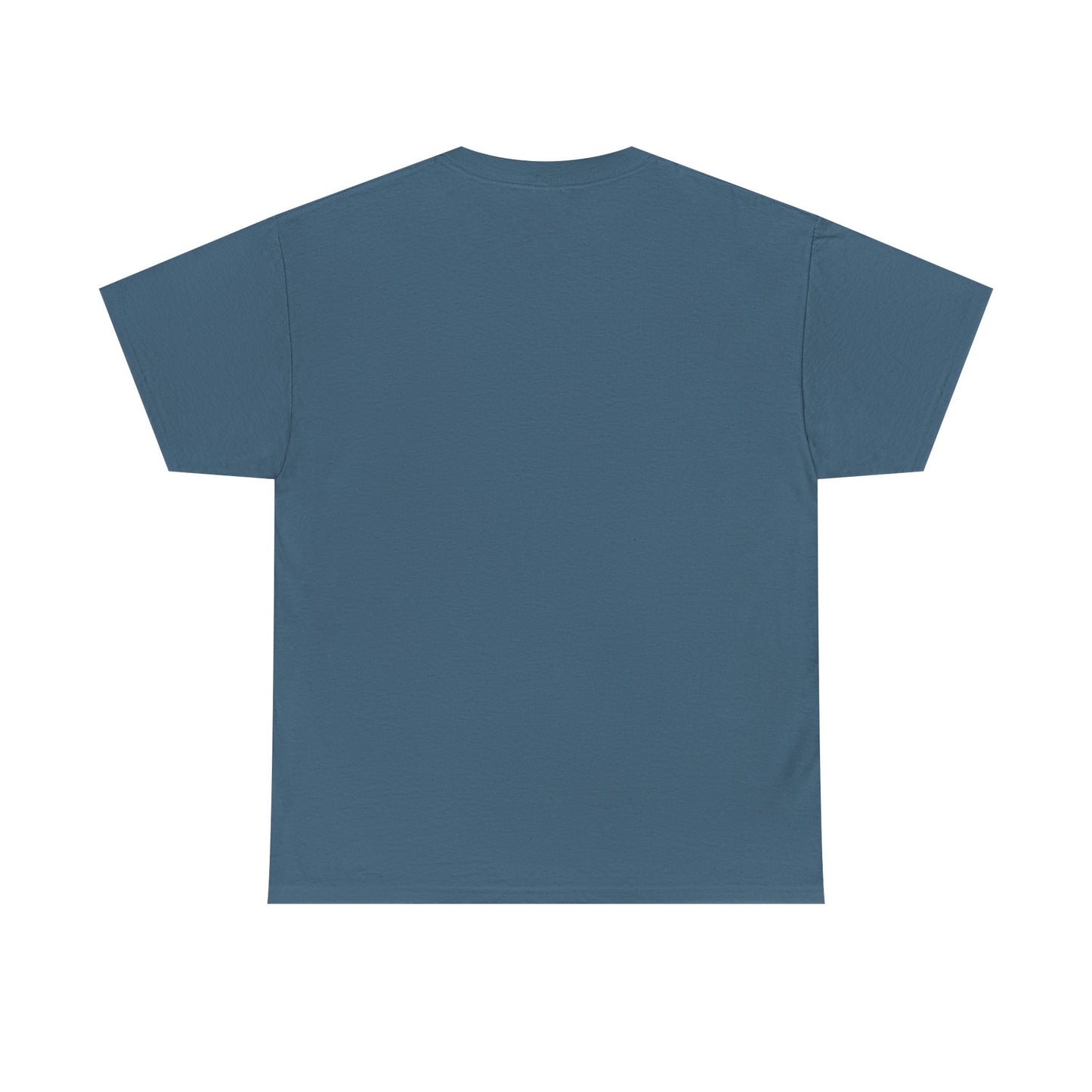 Indigo blue t-shirt with a logo on the back against a white background