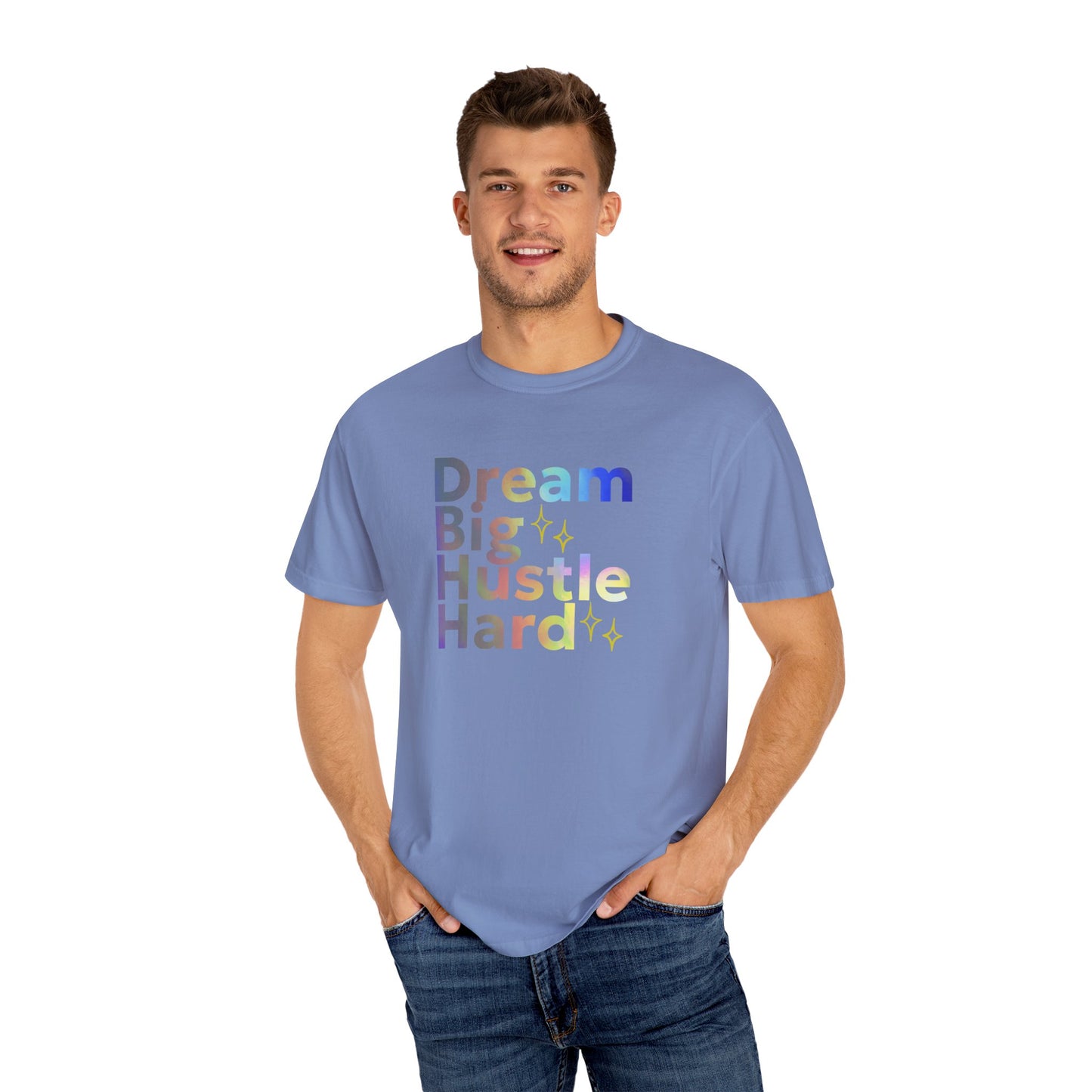Man wearing a blue t-shirt with motivational text on a white background