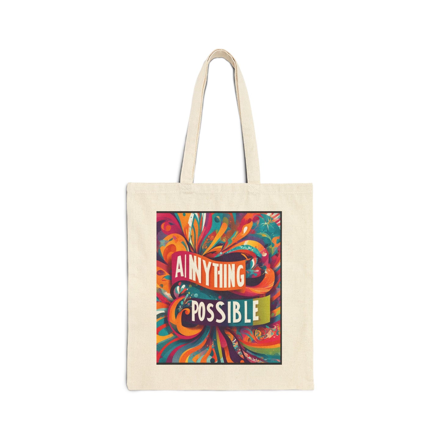 A cotton canvas tote bag with a multicolored geometric pattern design and the text 'ANYTHING POSSIBLE' on the front.