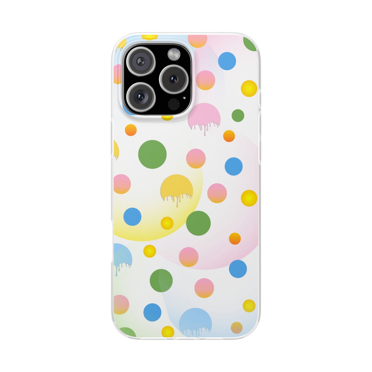 A semi-transparent matte finish mobile phone case with a multicolored dot pattern.