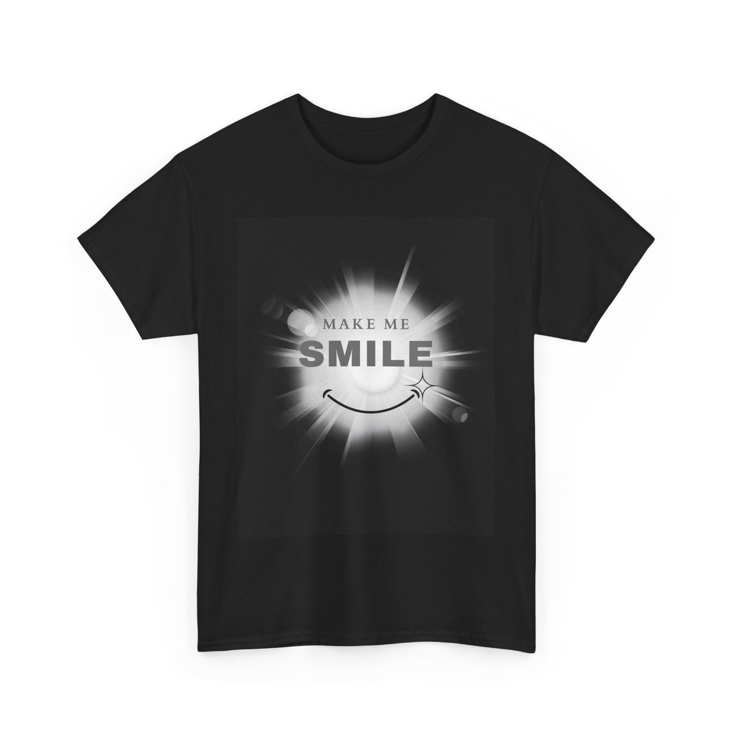 A white unisex heavy cotton tee with a graphic print in the center that reads 'MAKE ME SMILE'.