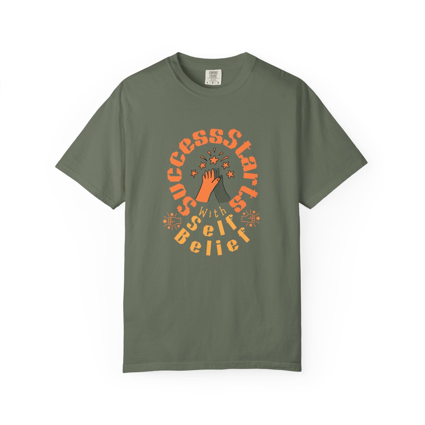 Green t-shirt with motivational quote and graphic on a white background