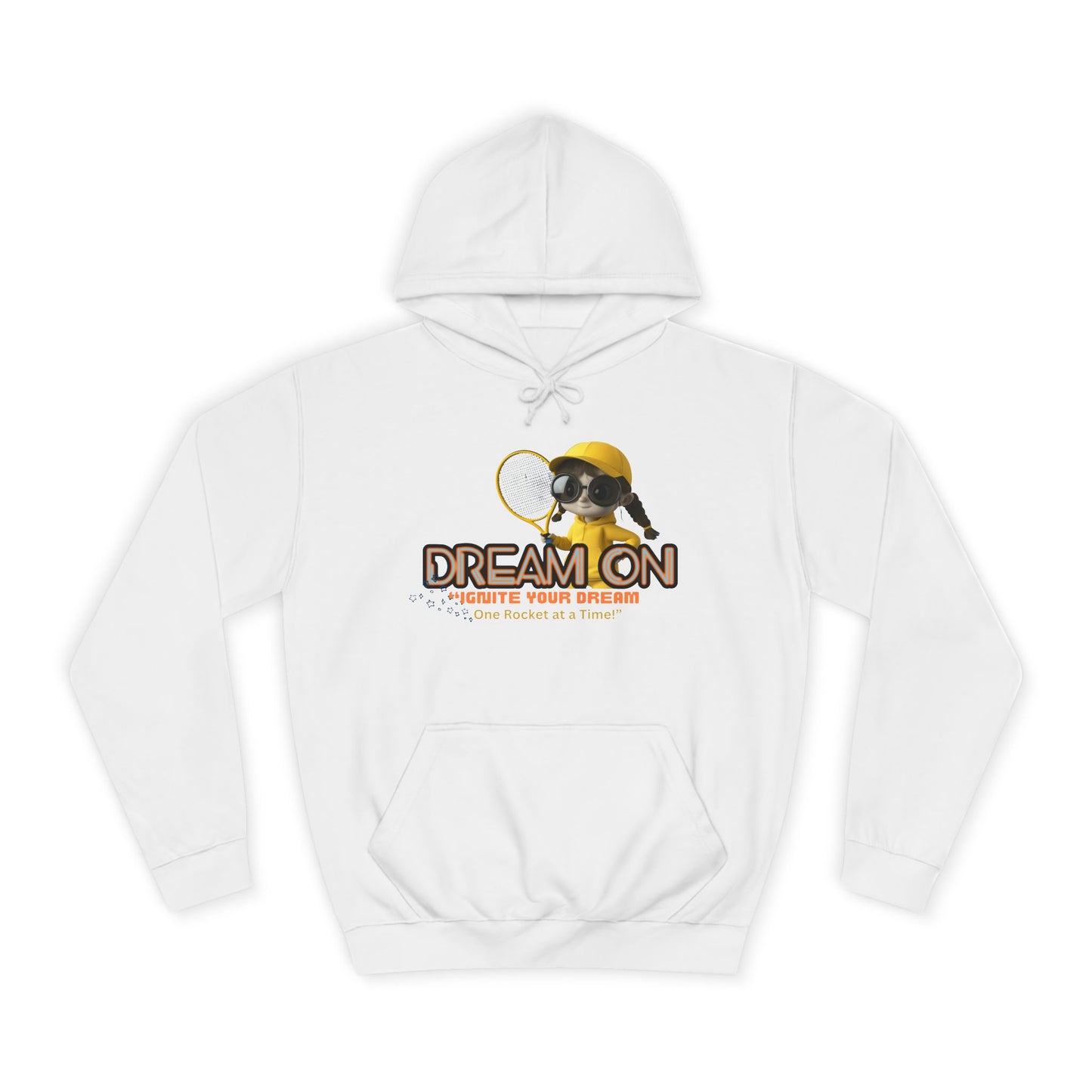 A white unisex hoodie with a graphic print of a bee and the text 'DREAM ON' on the front.