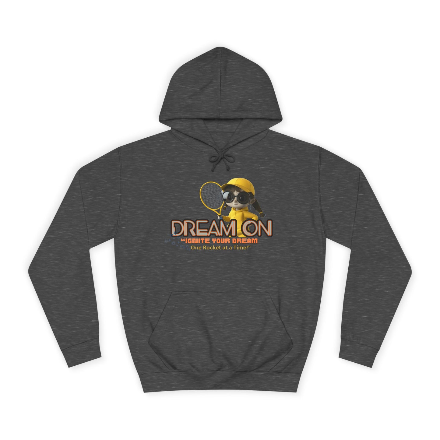 A charcoal hunisex hoodie with a graphic print of a bee and the text 'DREAM ON' on the front