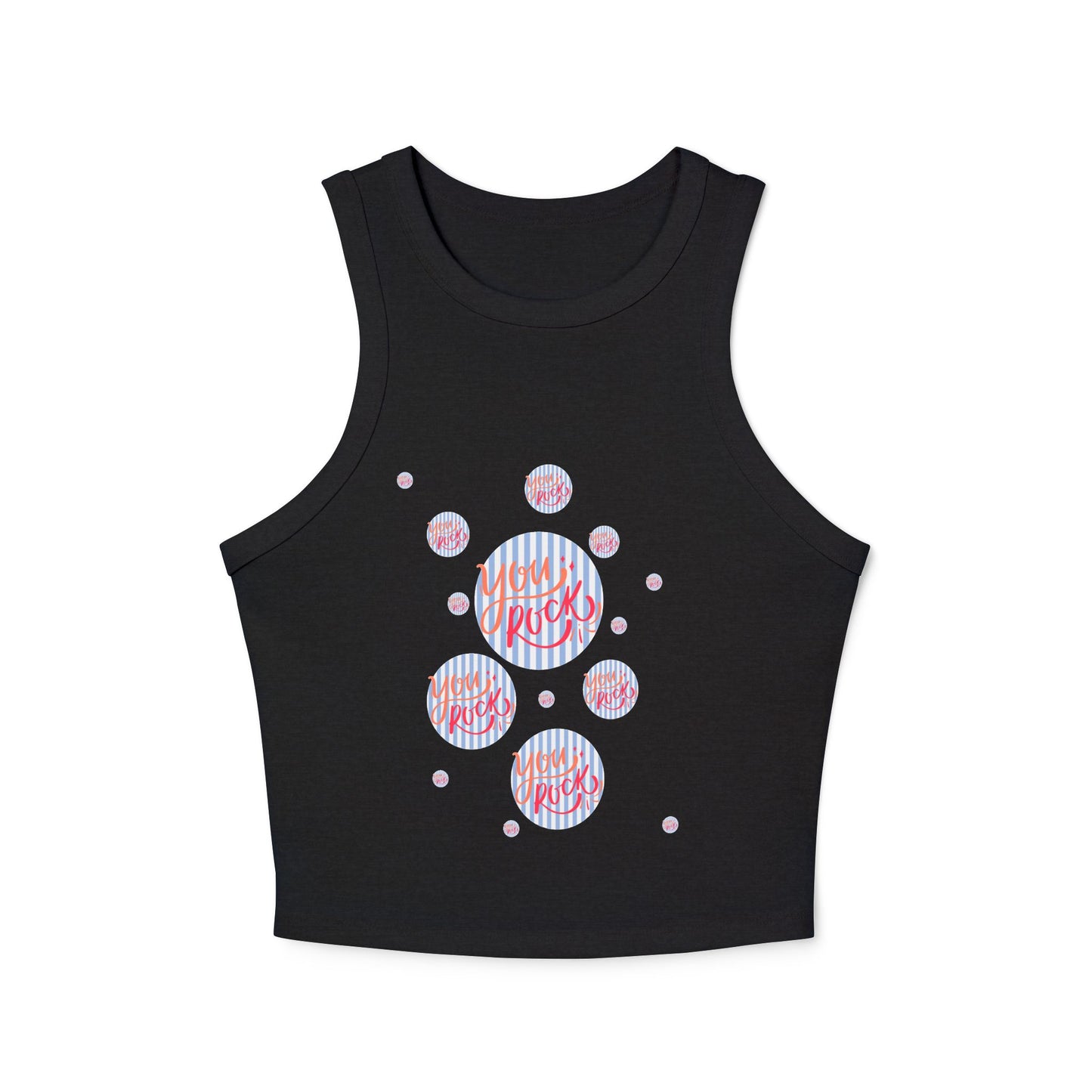 women's micro rib racer back top with the phrase you rock printed in bold and stylish font on the front