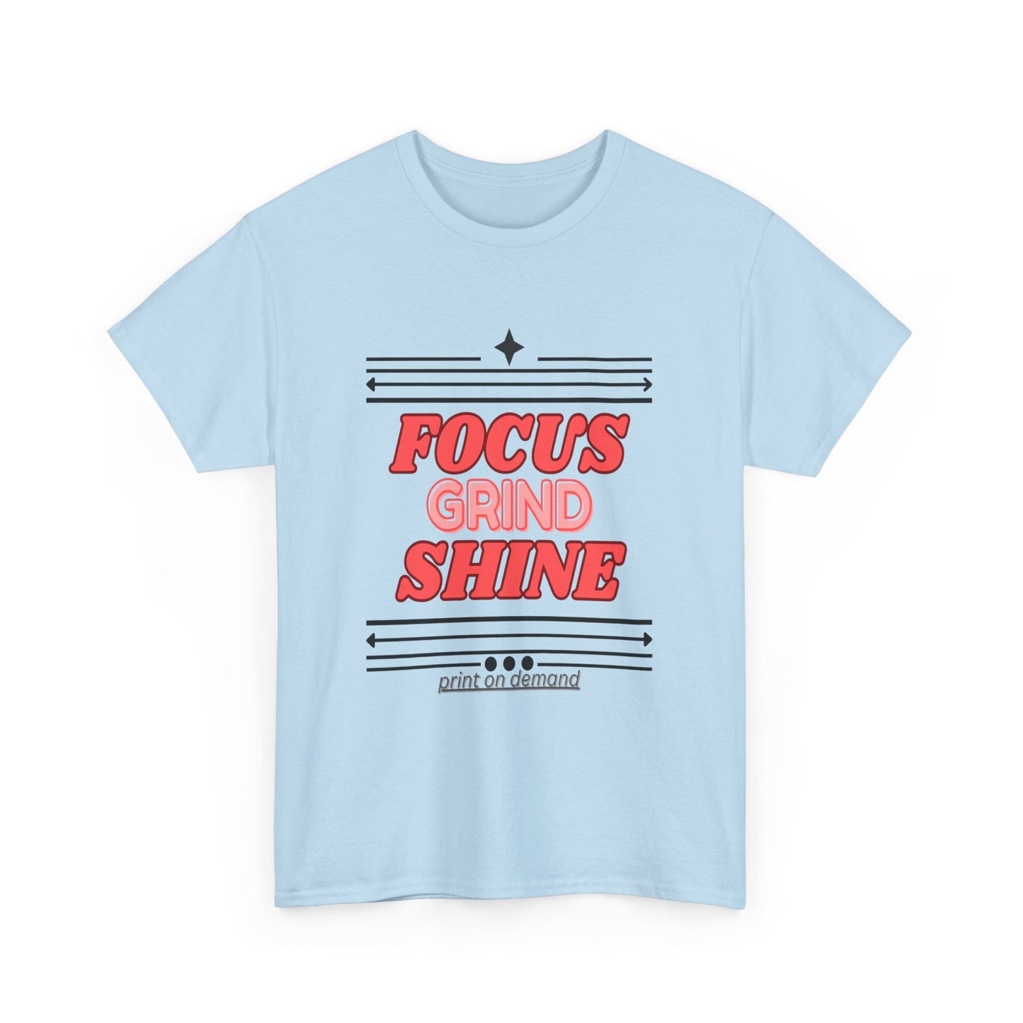 Light blue t-shirt with red and black text on a white background