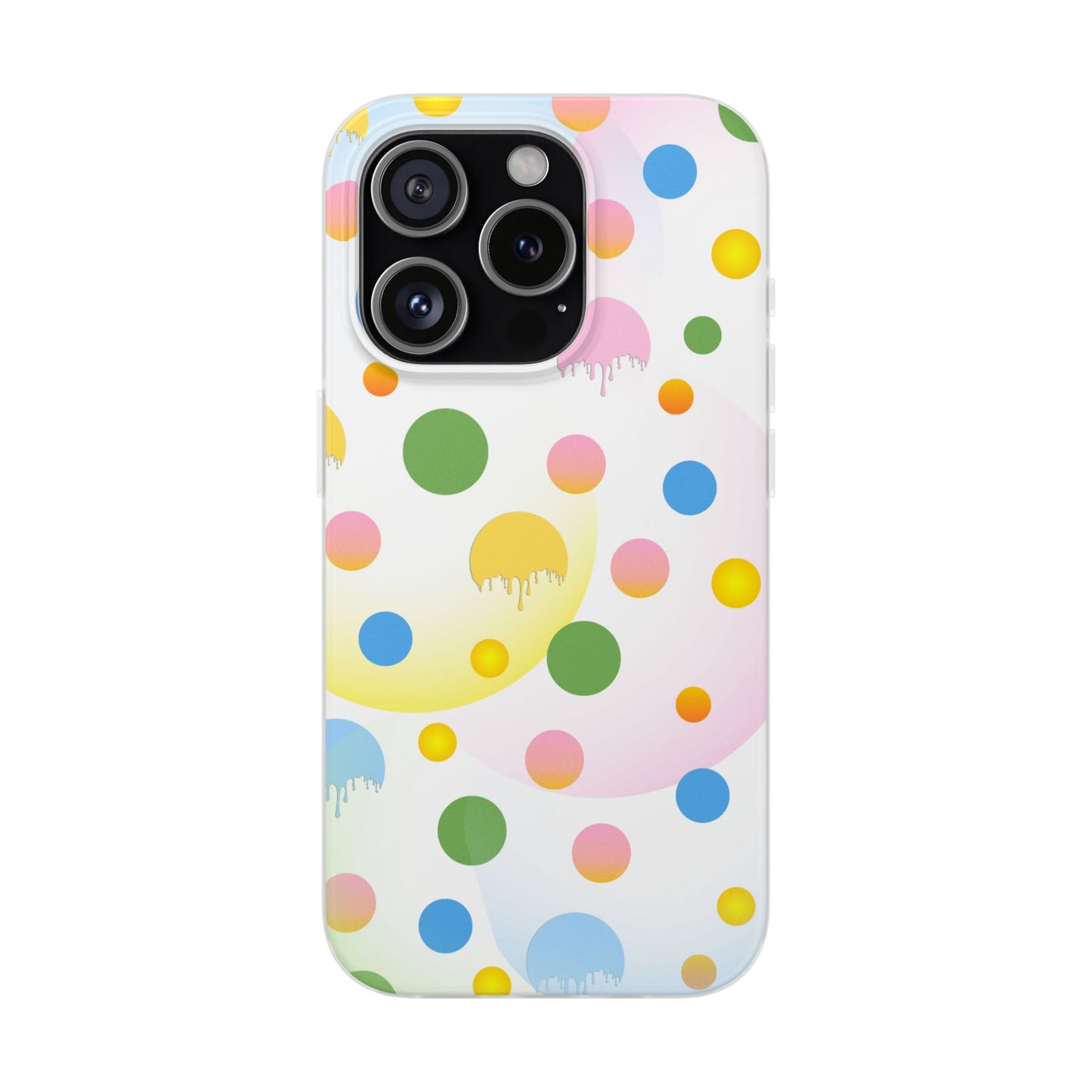 A semi-transparent matte finish mobile phone case with a multicolored dot pattern.