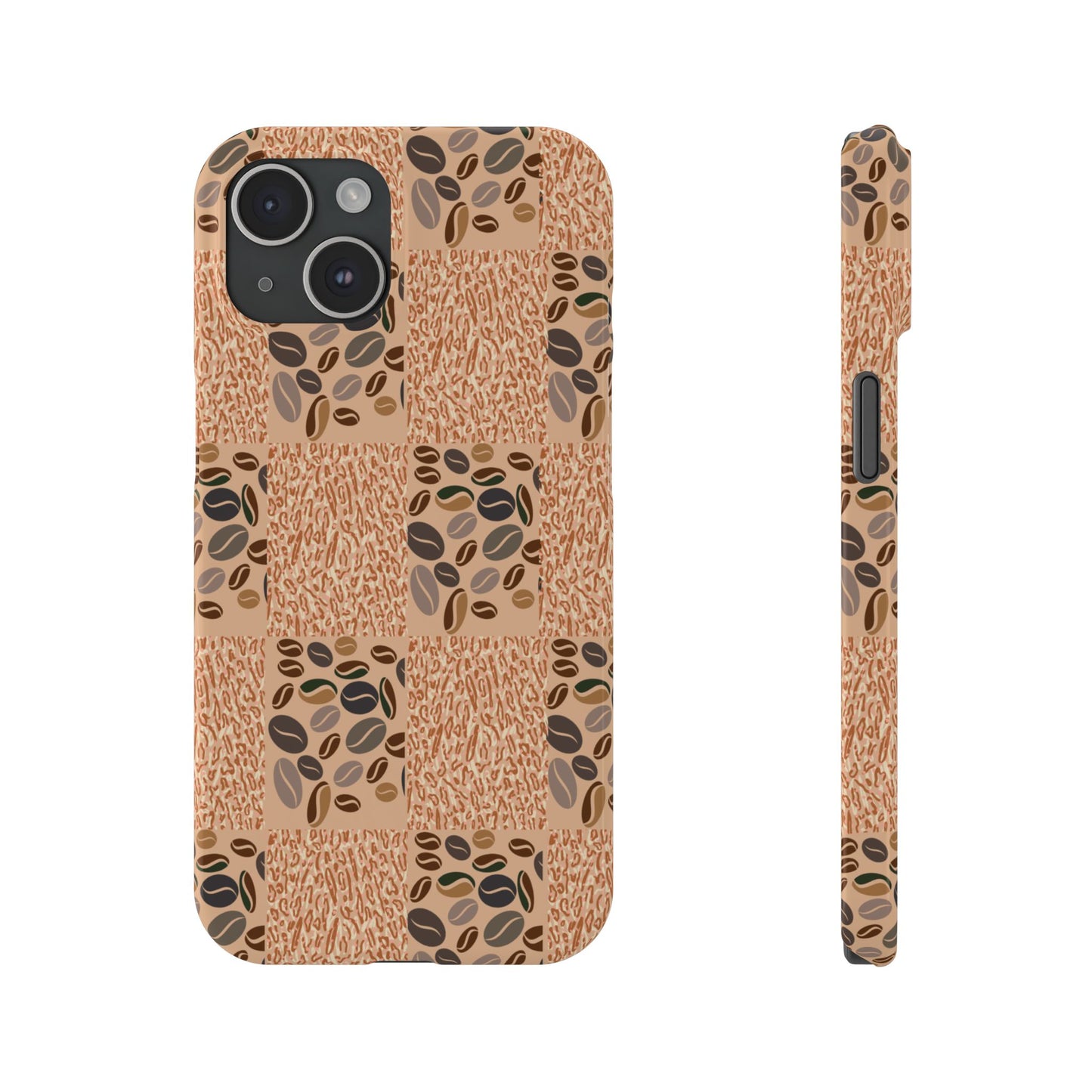 A mobile phone case with a geometric pattern featuring coffee beans on a beige background, designed for iPhone 15 series models.