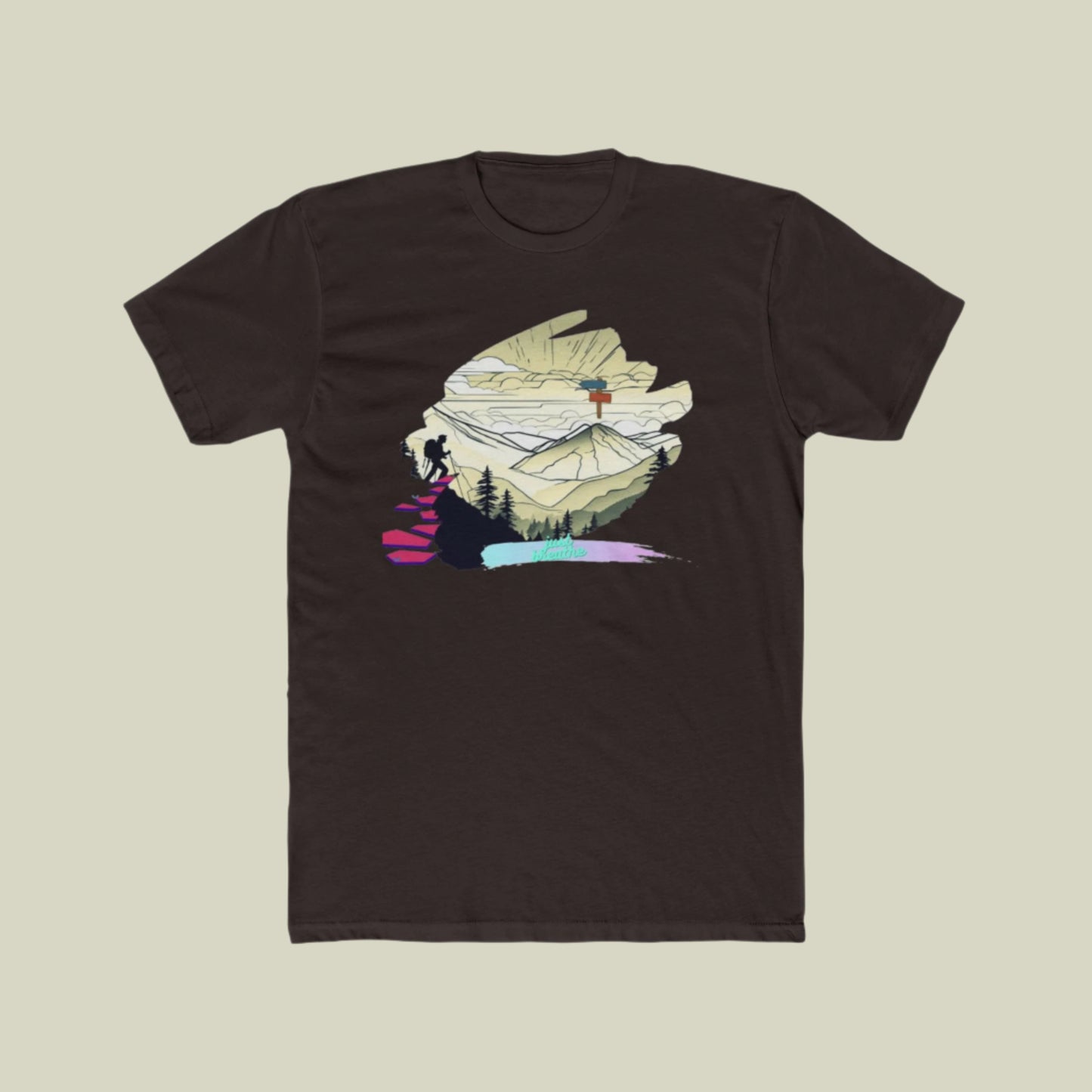 A solid dark chocolate unisex cotton crew tee with a graphic print in the center featuring a figure and abstract elements.