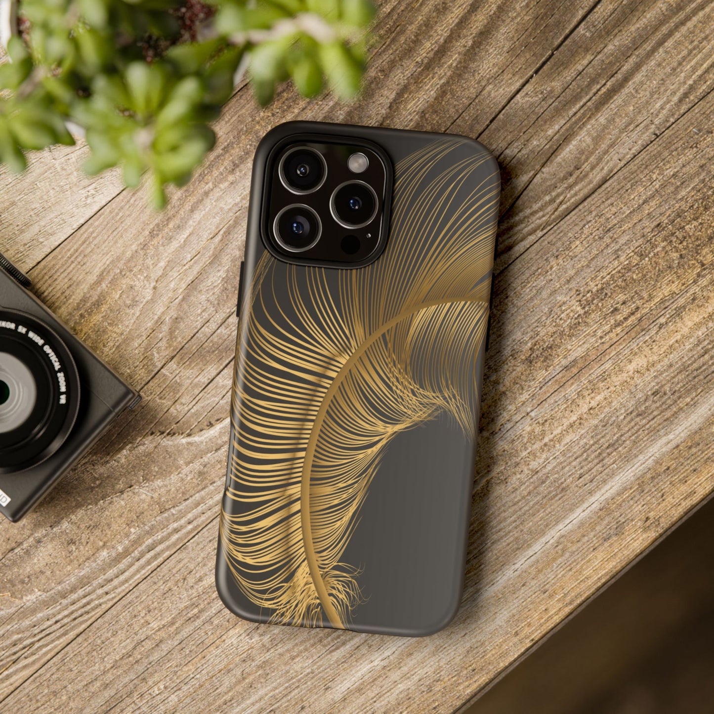 Tough Phone Case – Elegant Golden Feather Design (Shockproof & Stylish)