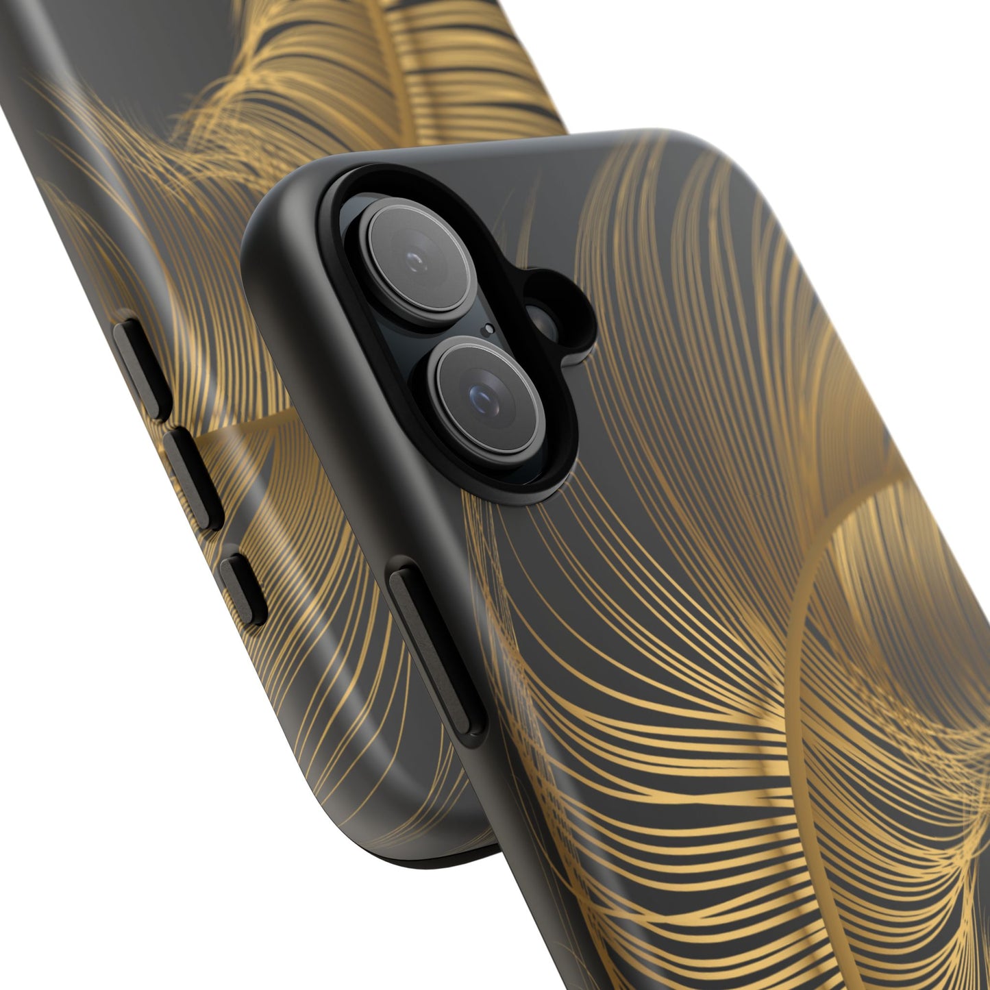 Phone case with gold feather design on black background