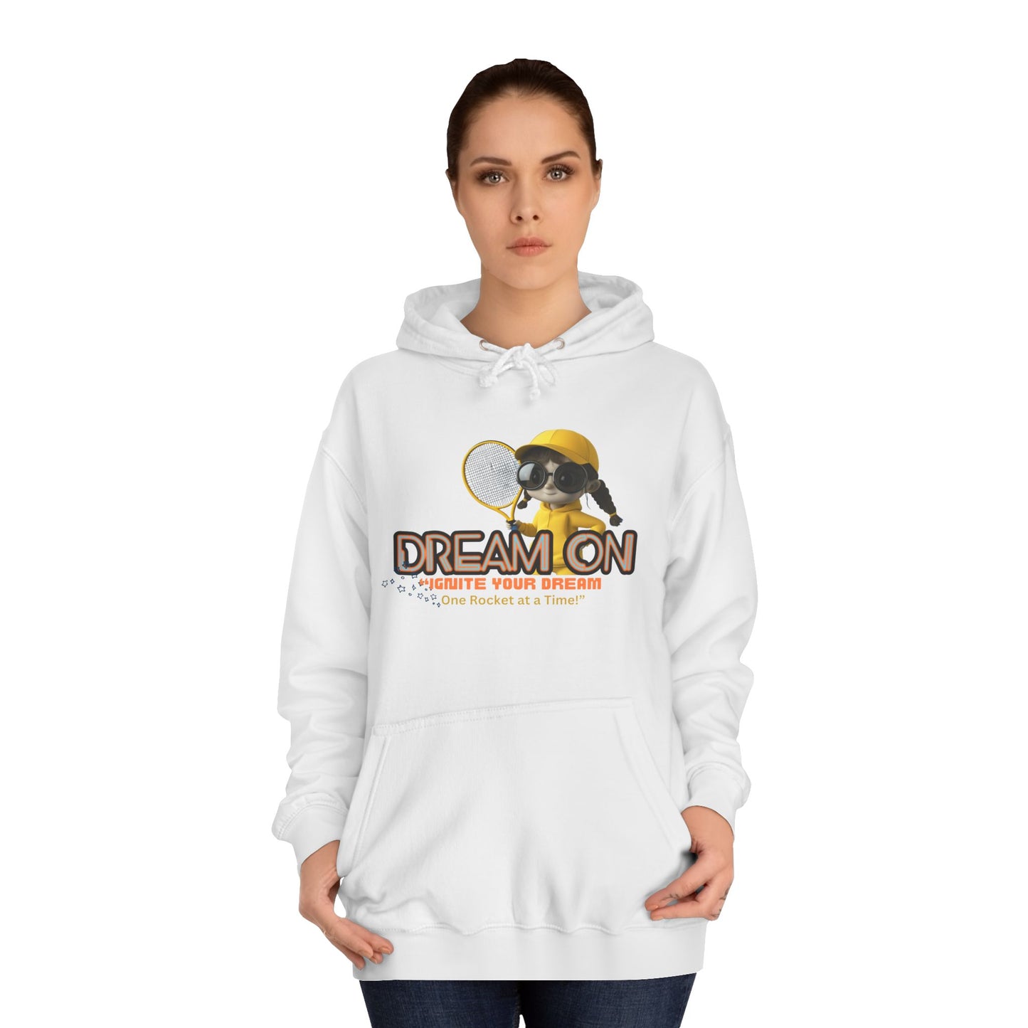 Person wearing a white hoodie with a graphic design on a white background