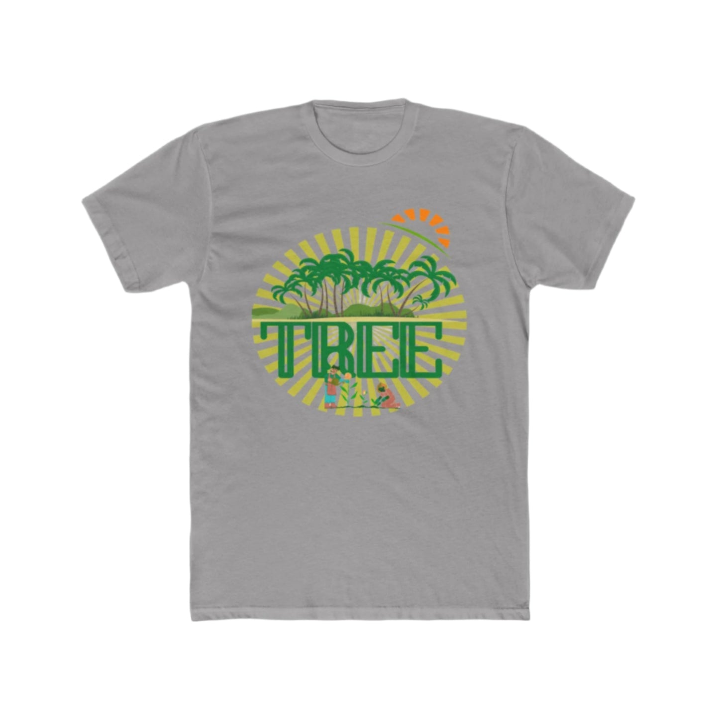 A solid light grey unisex cotton crew tee with a graphic print in the center that includes green palm trees and the word 'PINE'.