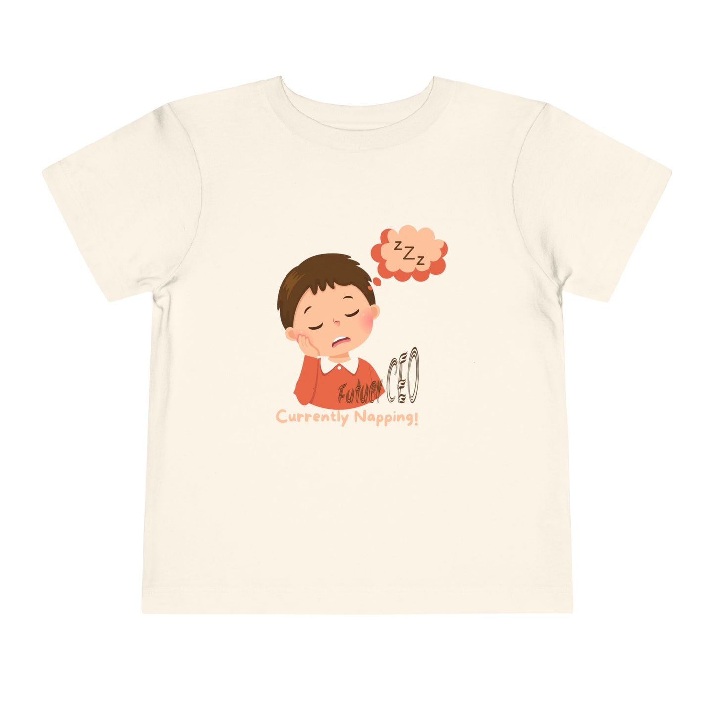 Toddler short sleeve t-shirt with sleeping child illustration and “Future CEO, Currently Napping” text