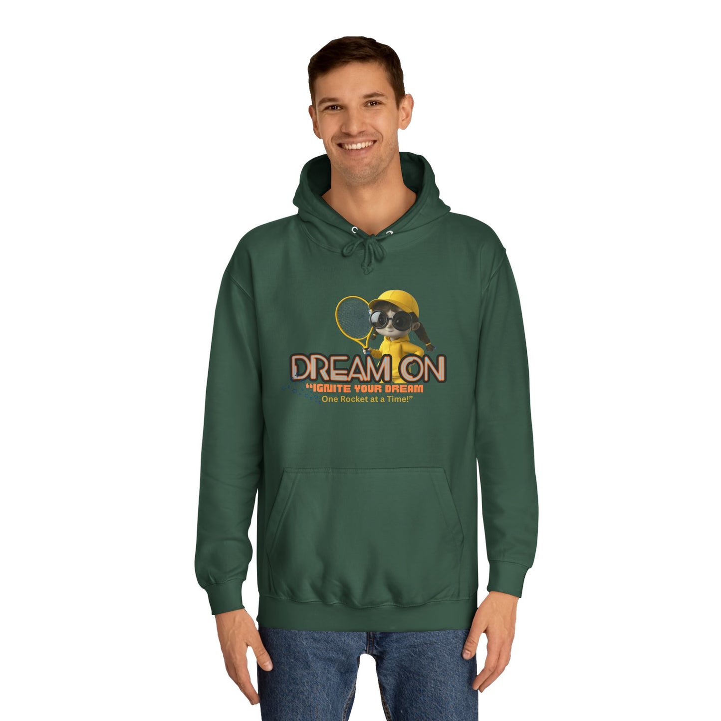 Person wearing a Bottle green hoodie with a graphic design on a white background