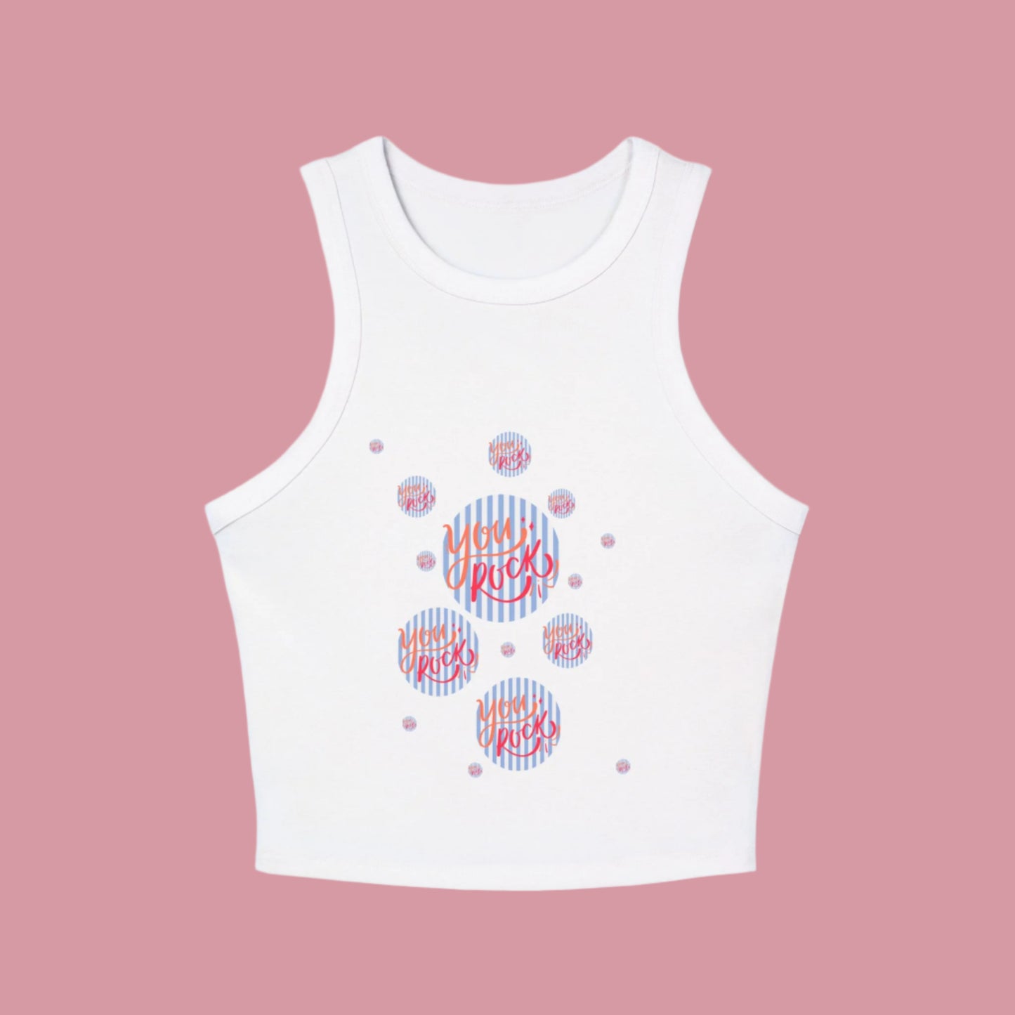 women's micro rib racer back top with the phrase you rock printed in bold and stylish font on the front