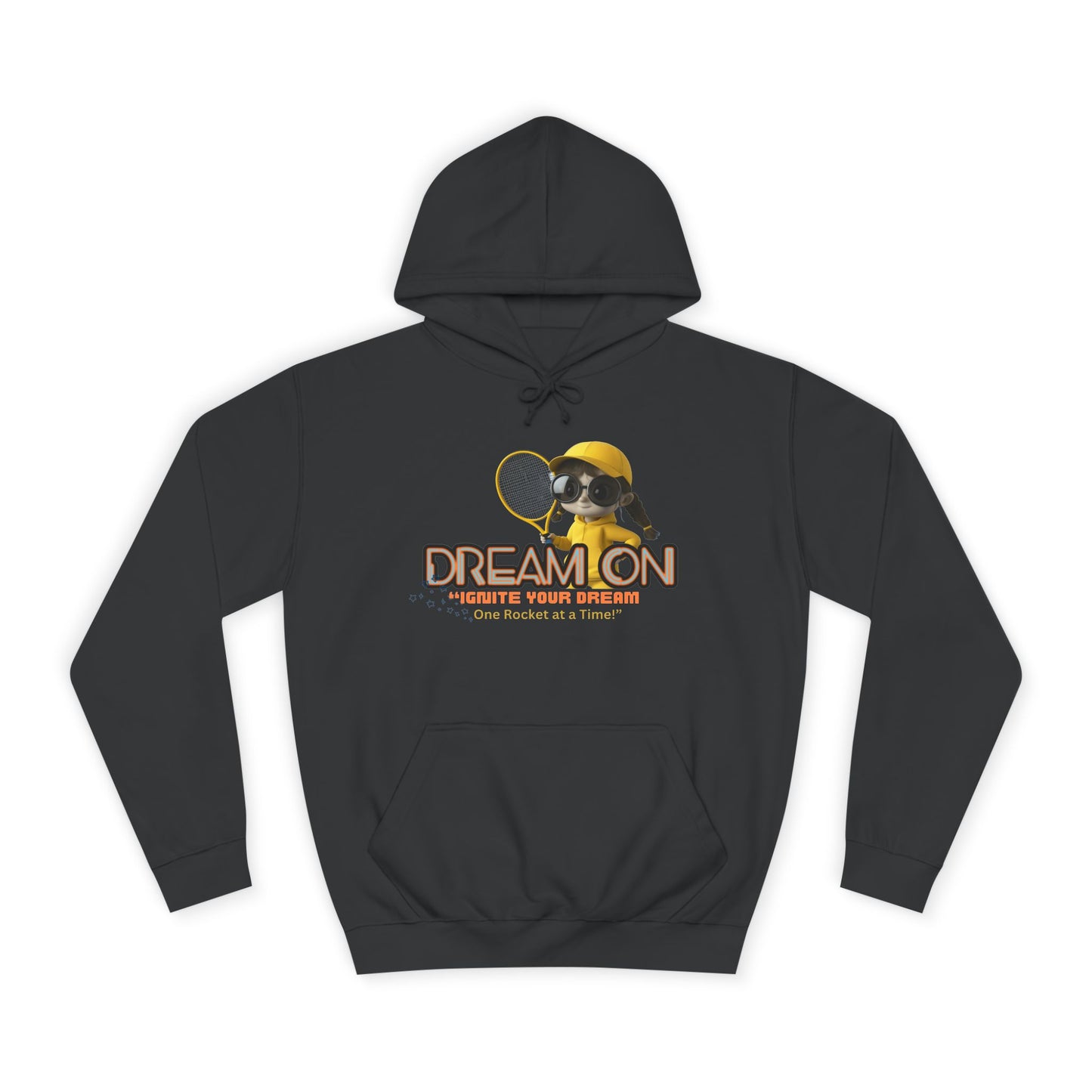 A charcoal unisex hoodie with a graphic print of a bee and the text 'DREAM ON' on the front.