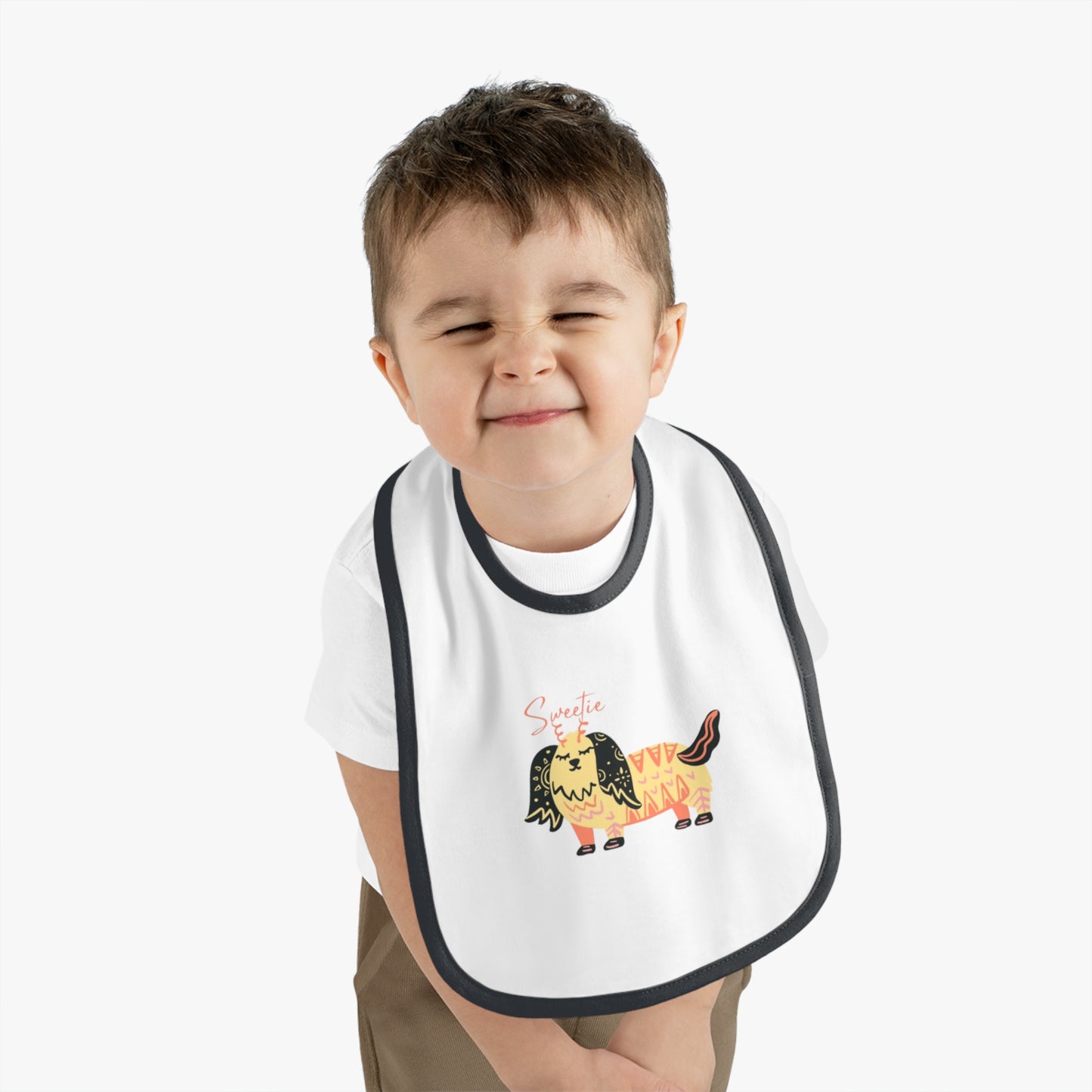 “Sweetie Dog Print Jersey Baby Bib – Soft & Adorable Mealtime Essential”