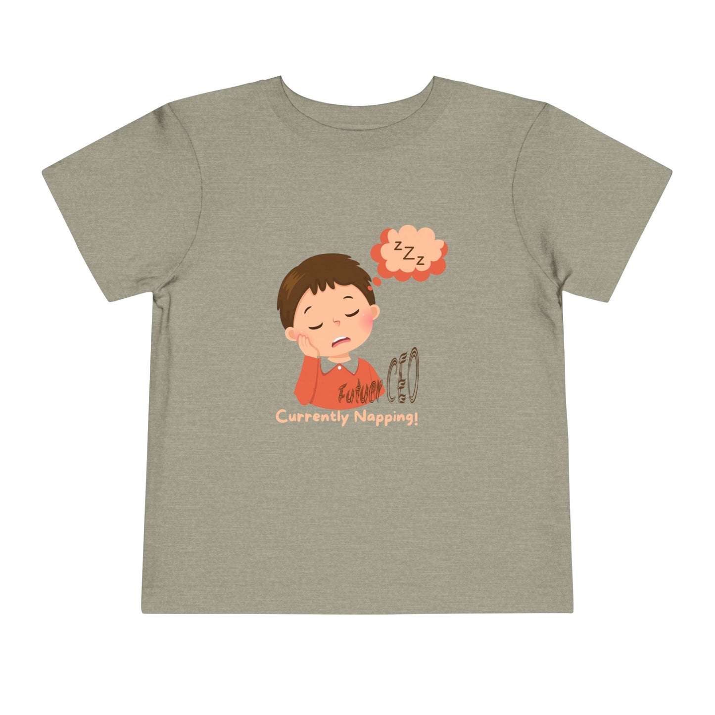 Toddler short sleeve t-shirt with sleeping child illustration and “Future CEO, Currently Napping” text