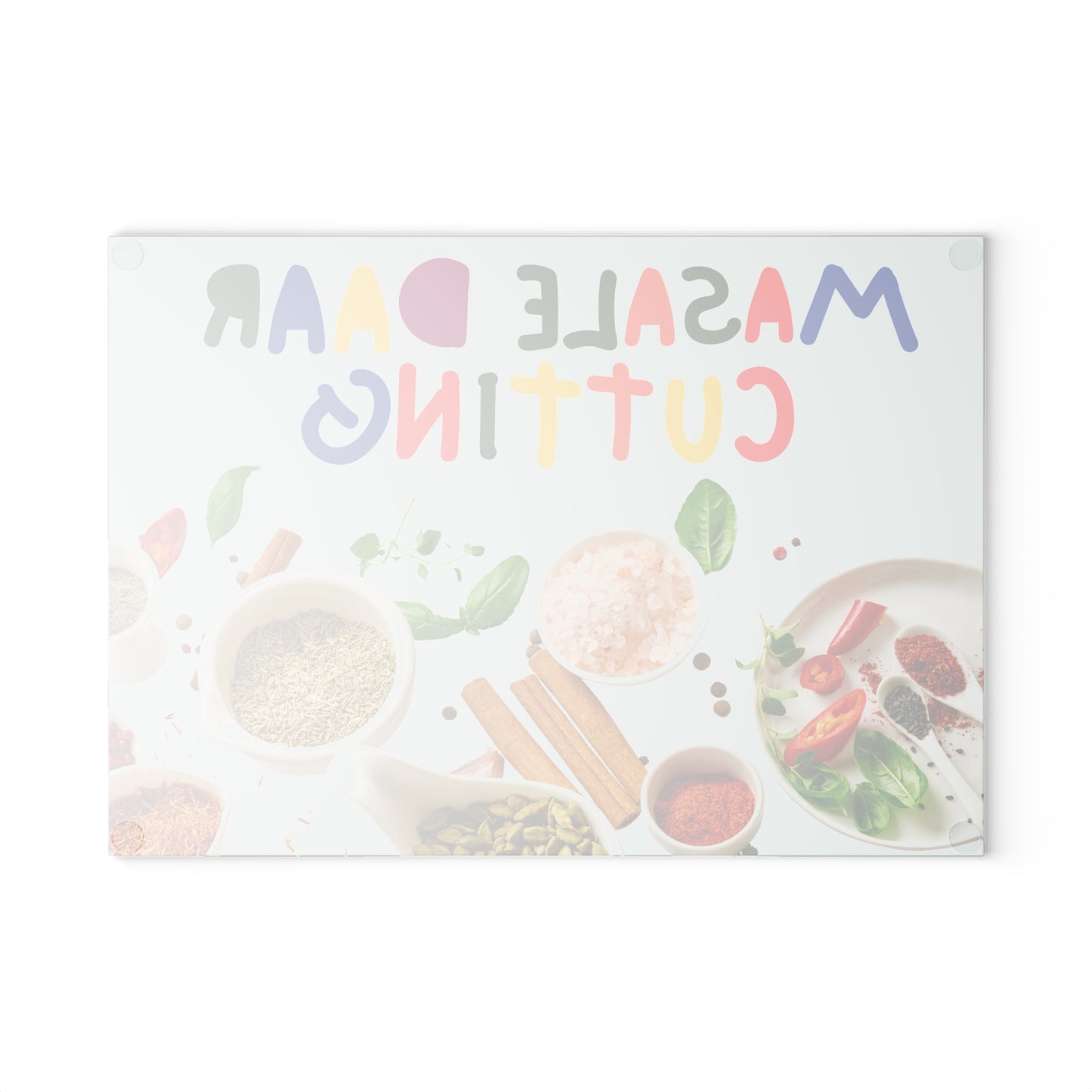 Tempered glass cutting board with desi quote “Masale Daar Cutting” surrounded by colorful Indian spice illustrations.