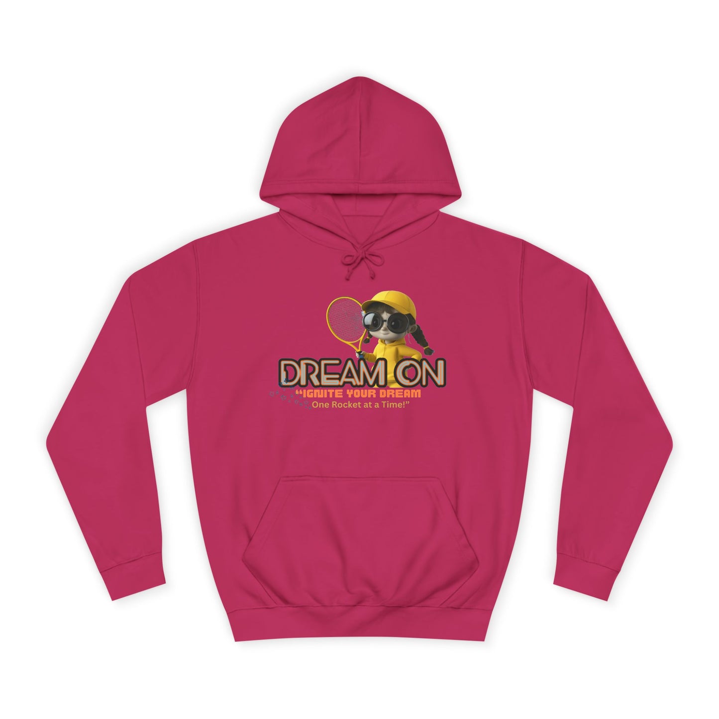 A hot pink unisex hoodie with a graphic print of a bee and the text 'DREAM ON' on the front.
