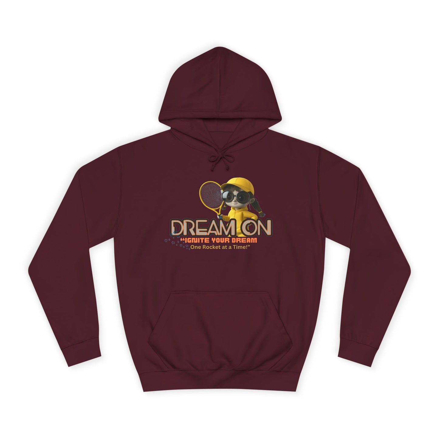 A burgundy unisex hoodie with a graphic print of a bee and the text 'DREAM ON' on the front.
