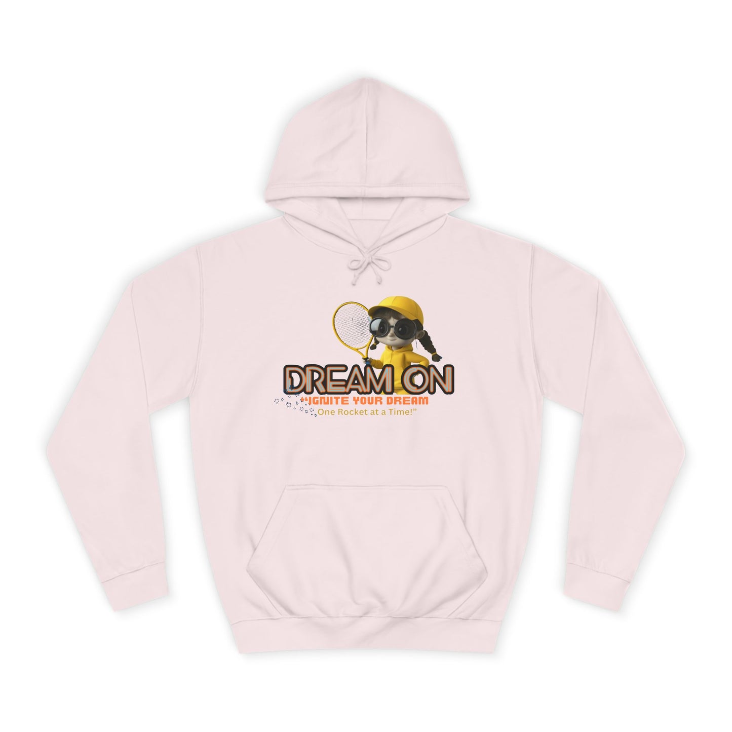 A baby pink unisex hoodie with a graphic print of a bee and the text 'DREAM ON' on the front.