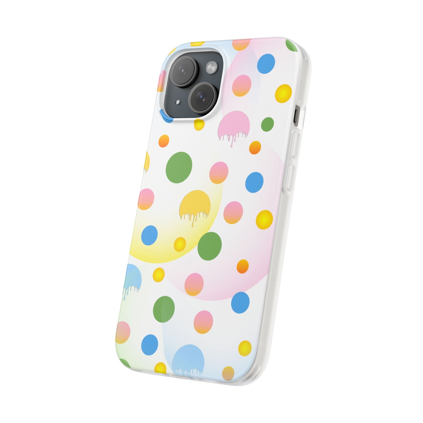 Phone case with colorful polka dot pattern on a white background
