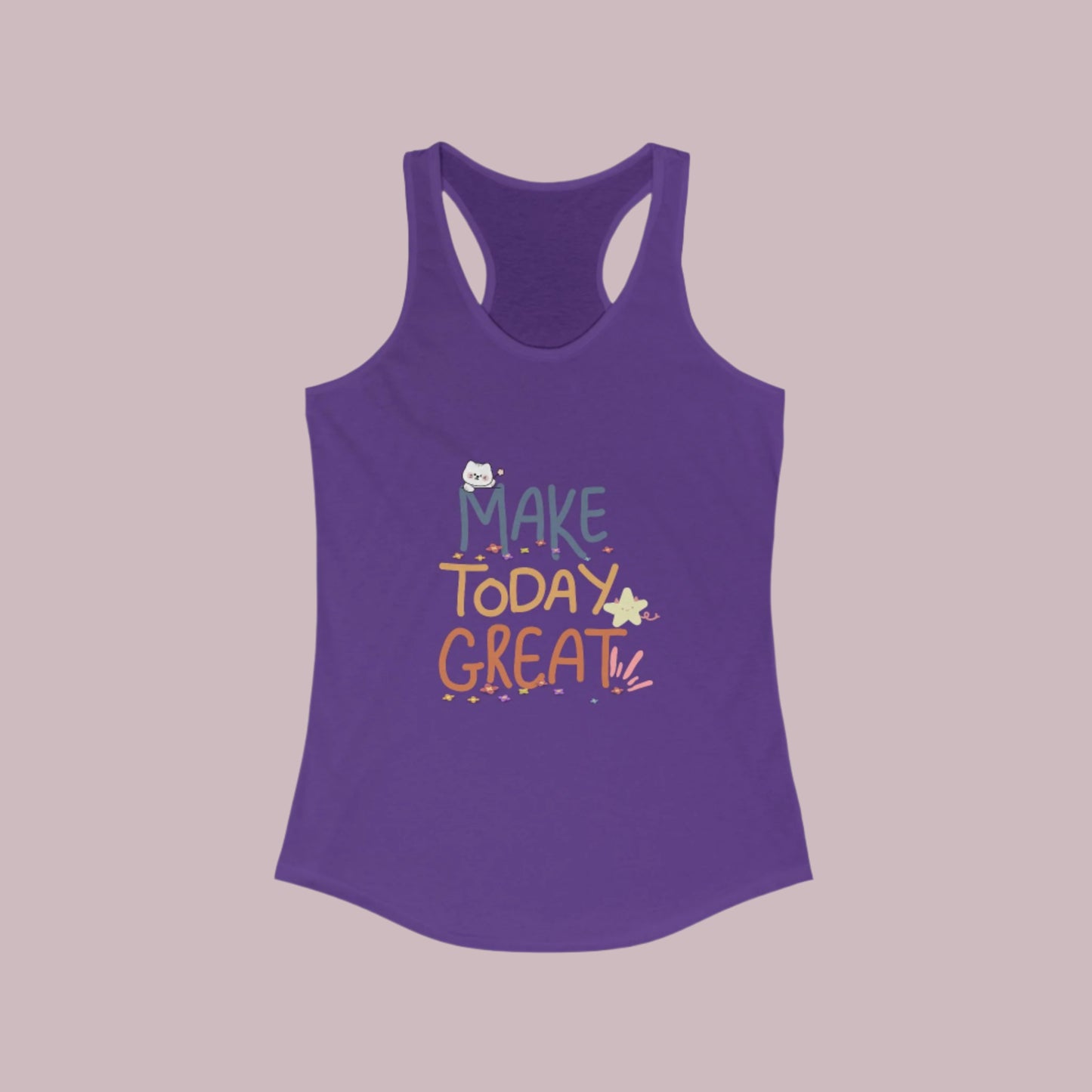 A solid purple rush women's racerback tank top with a print that reads 'MAKE TODAY GREAT' in a colorful, gradient font.