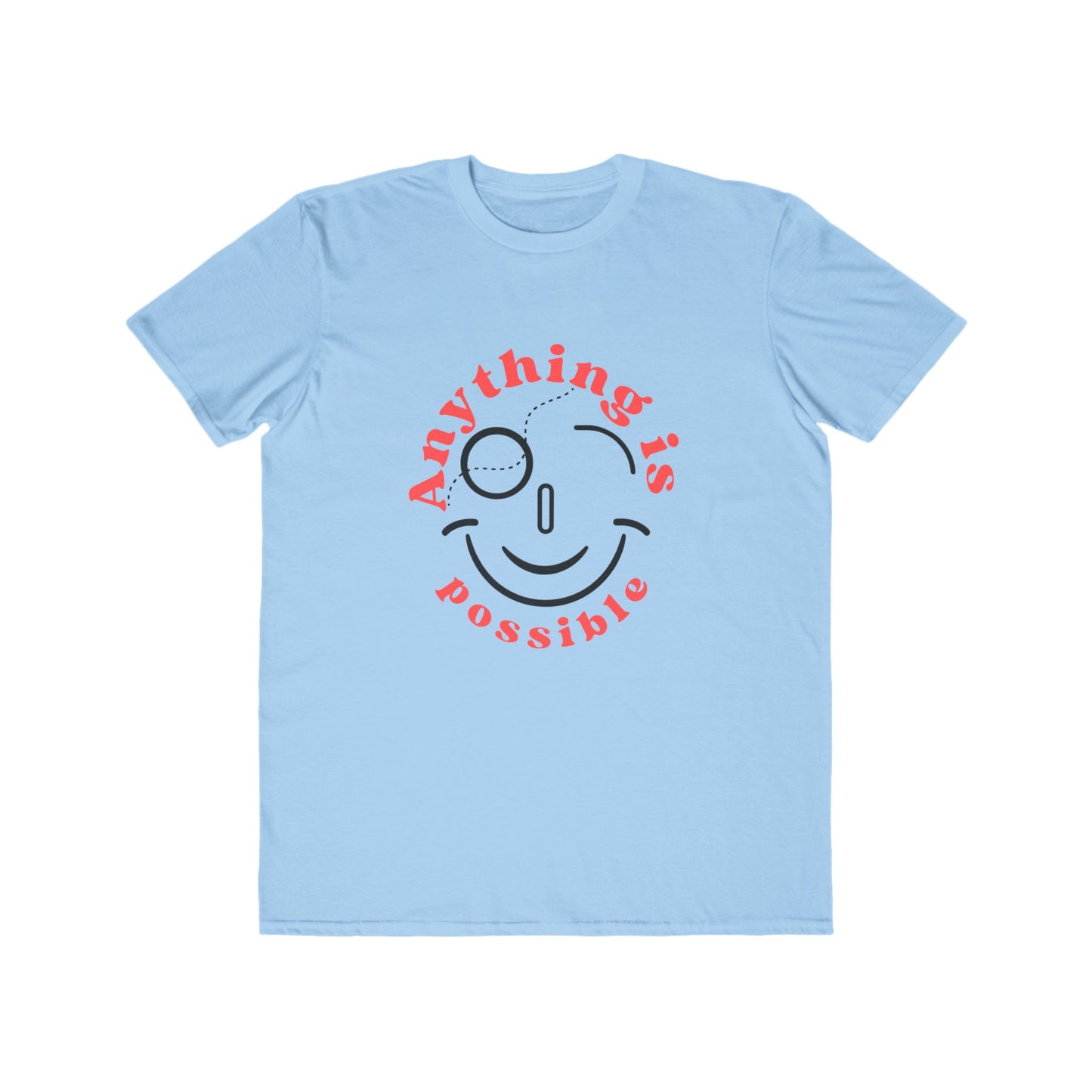 Light blue t-shirt with a smiley face and 'Anything is possible' text on a white background
