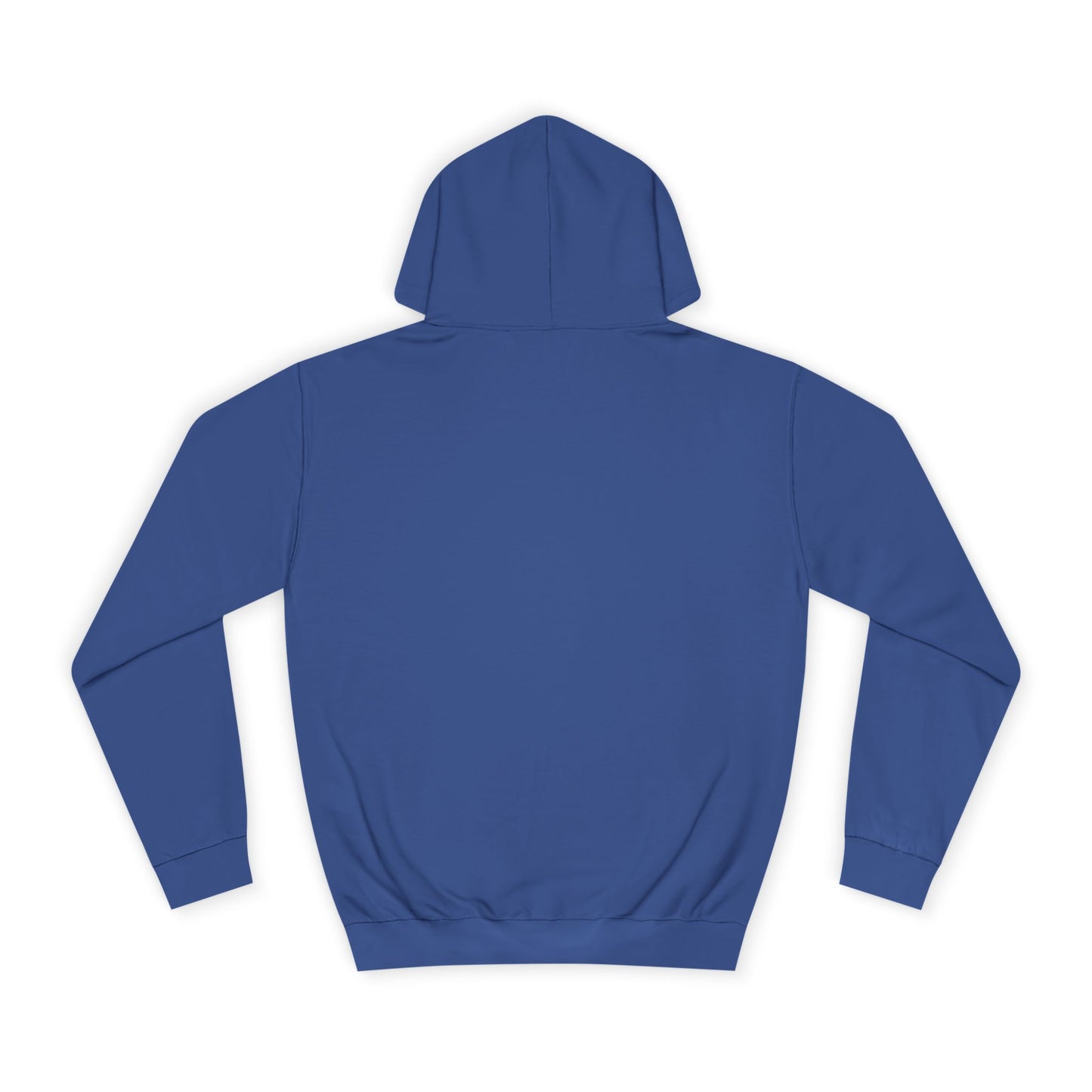 Blue hoodie shown from the back on a white background.