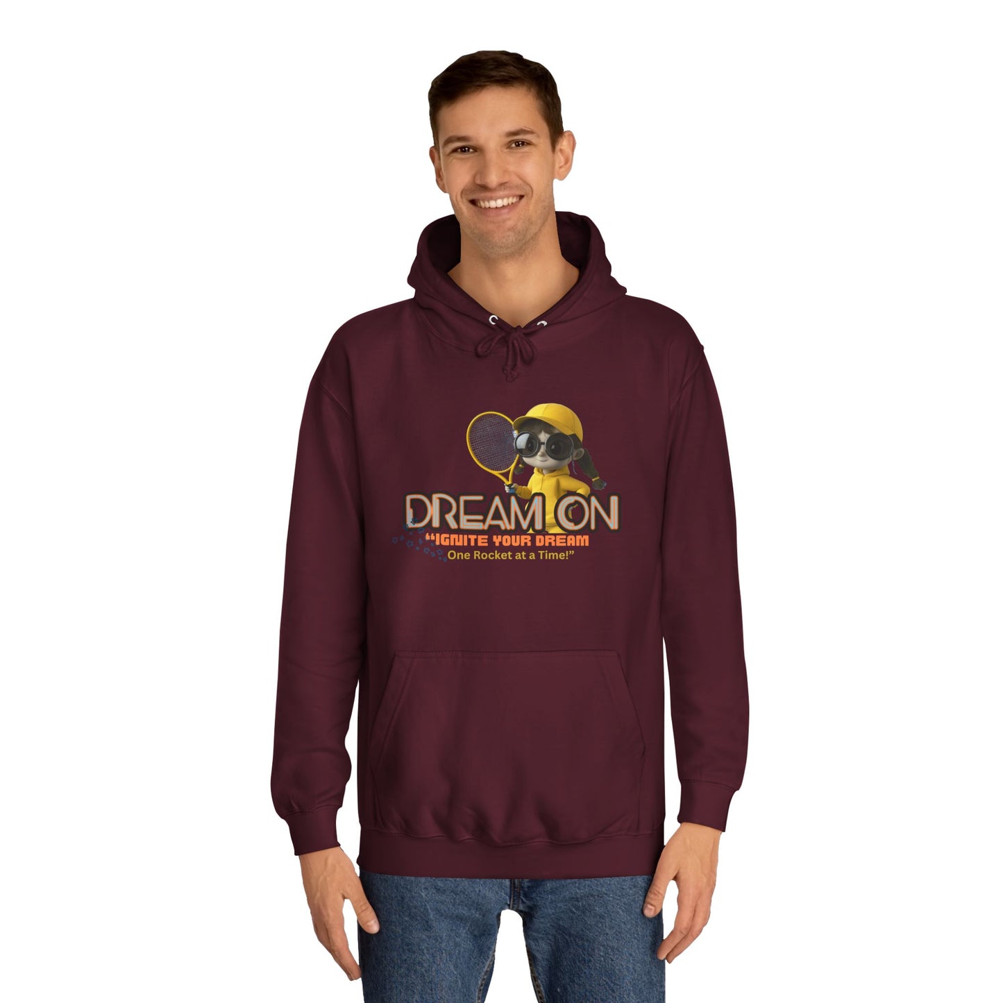 Person wearing a maroon hoodie with a graphic design