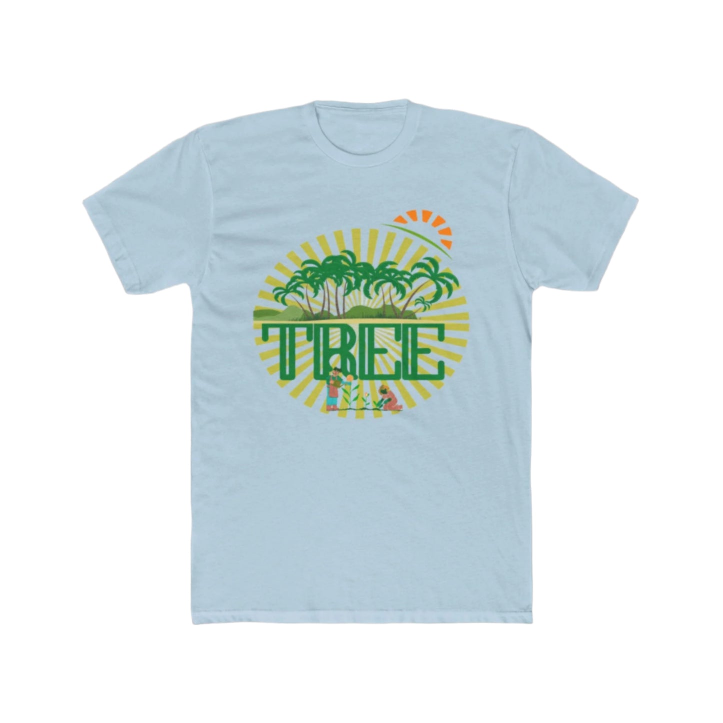 A solid light blue unisex cotton crew tee with a graphic print in the center that includes green palm trees and the word 'PINE'.