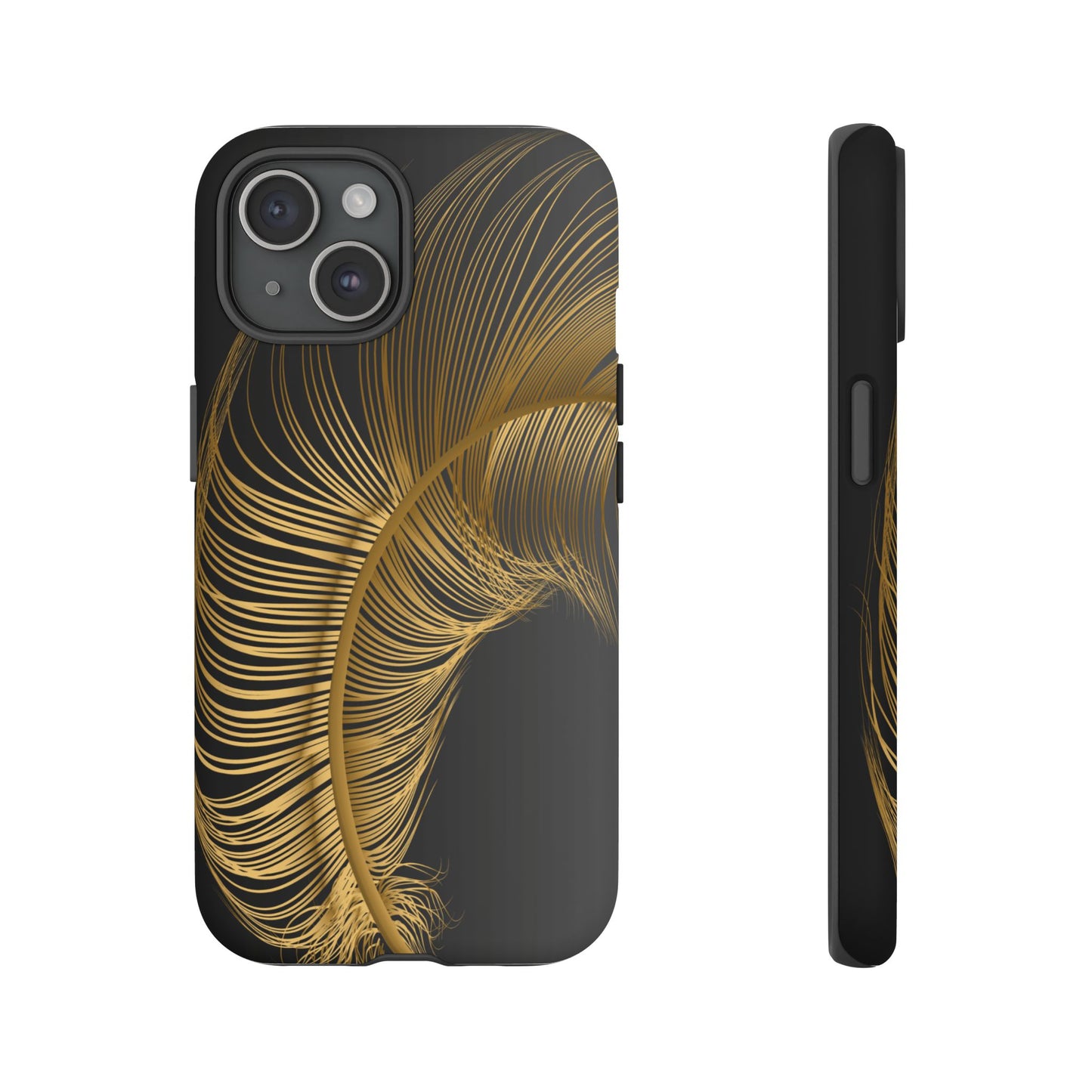 matte black i phone 15 case with golden feather design- stylish and durable