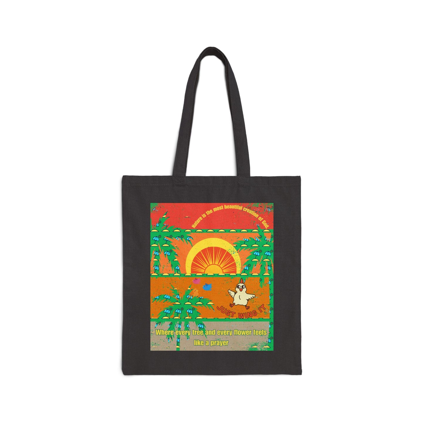 A cotton canvas tote bag with a printed design featuring a sunset, trees, and a character.