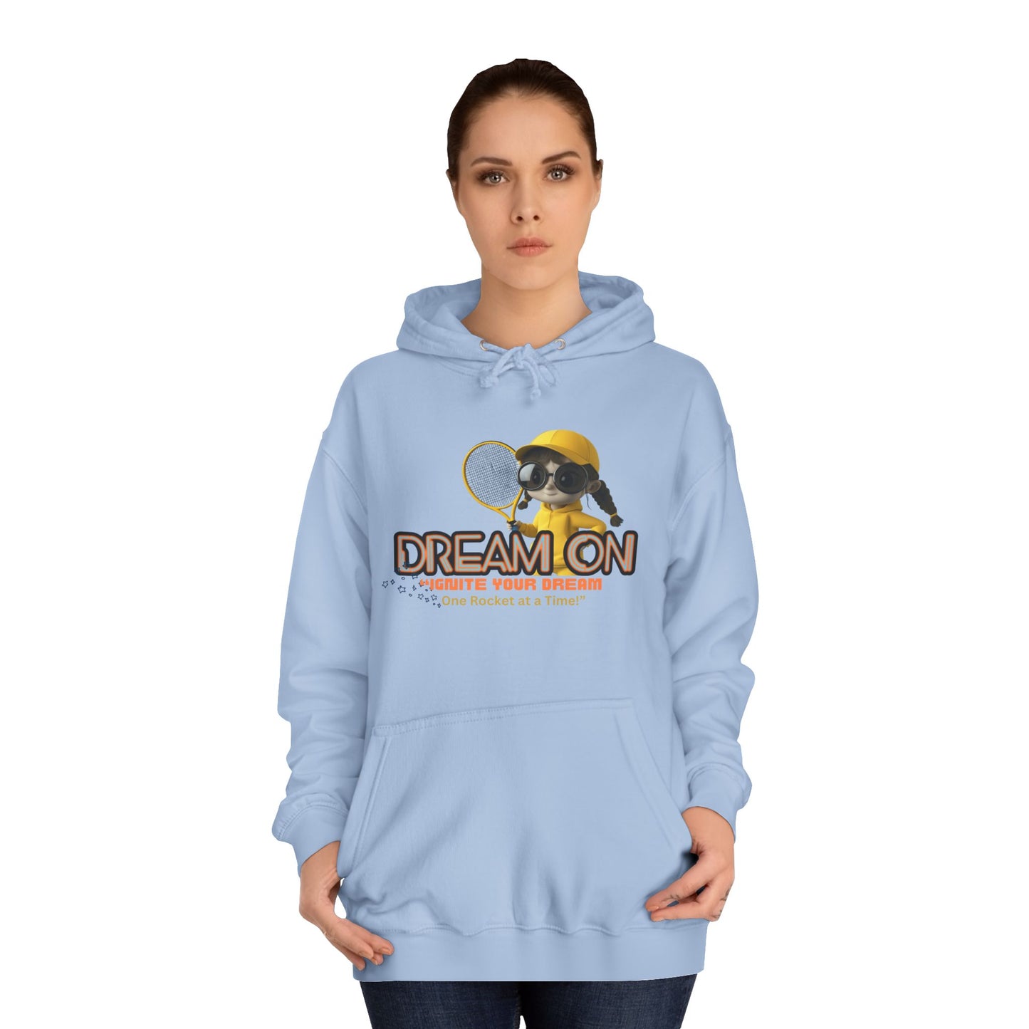 Person wearing a light blue hoodie with a graphic design.