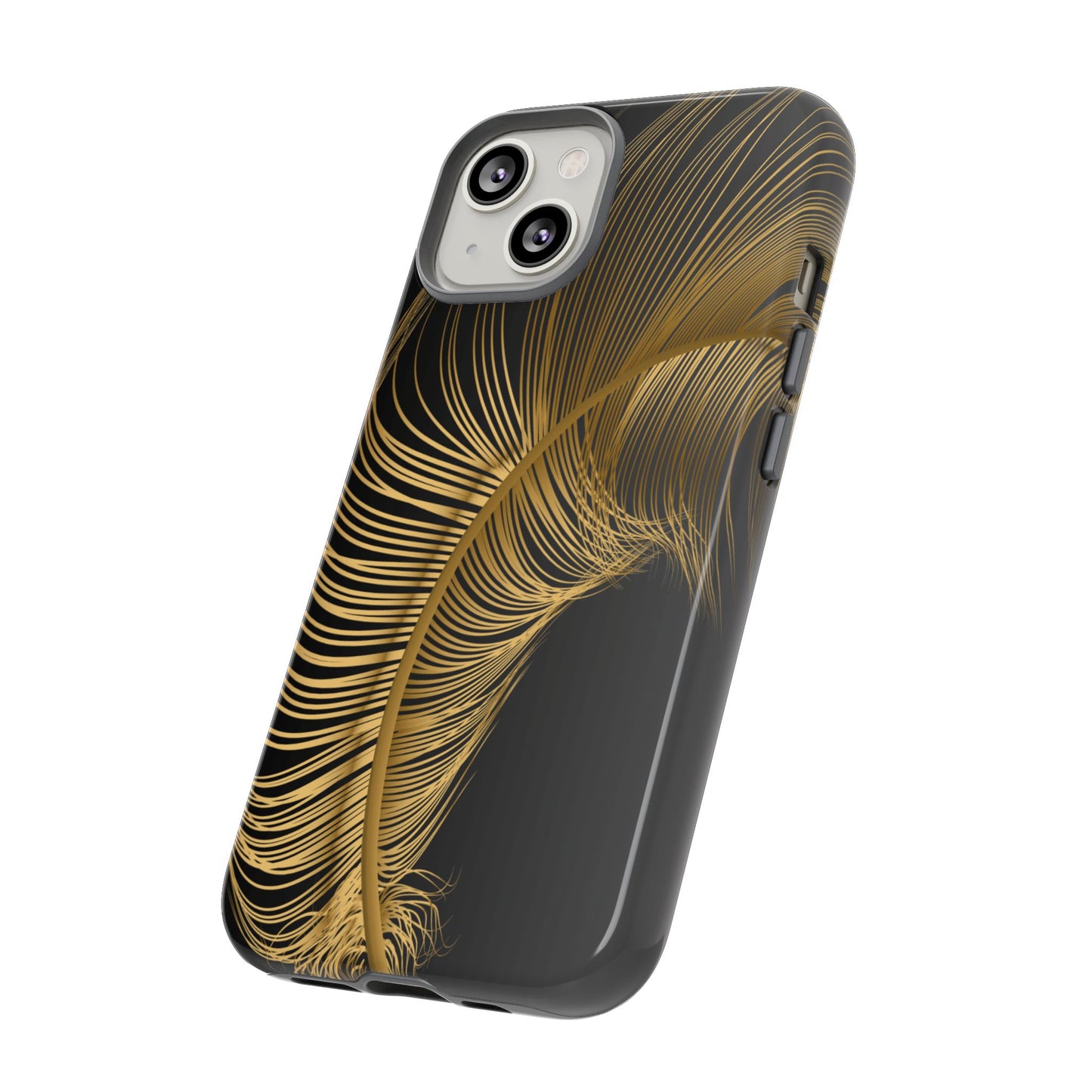 Phone case with gold feather design on black background