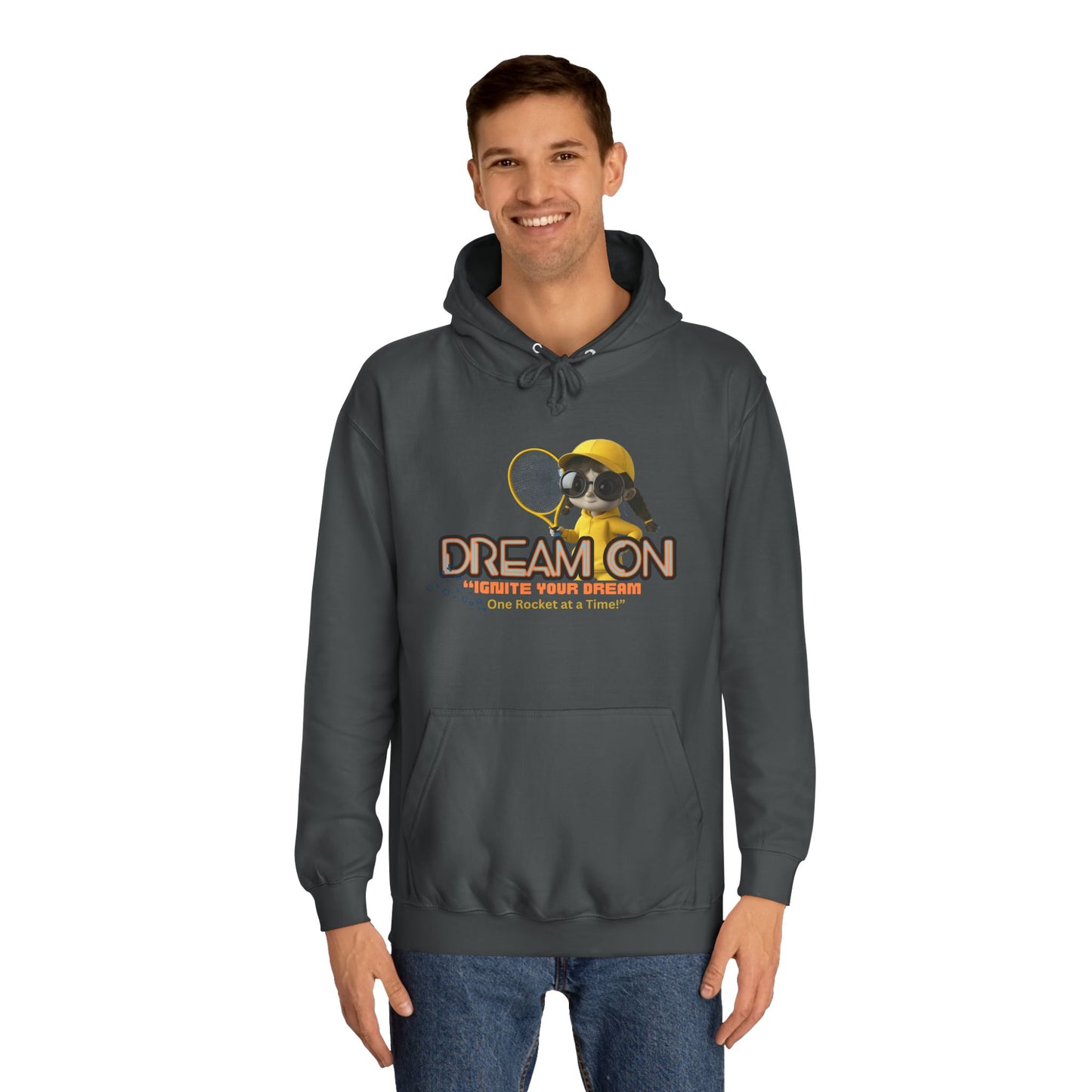 Person wearing a gray hoodie with a graphic design on a white background