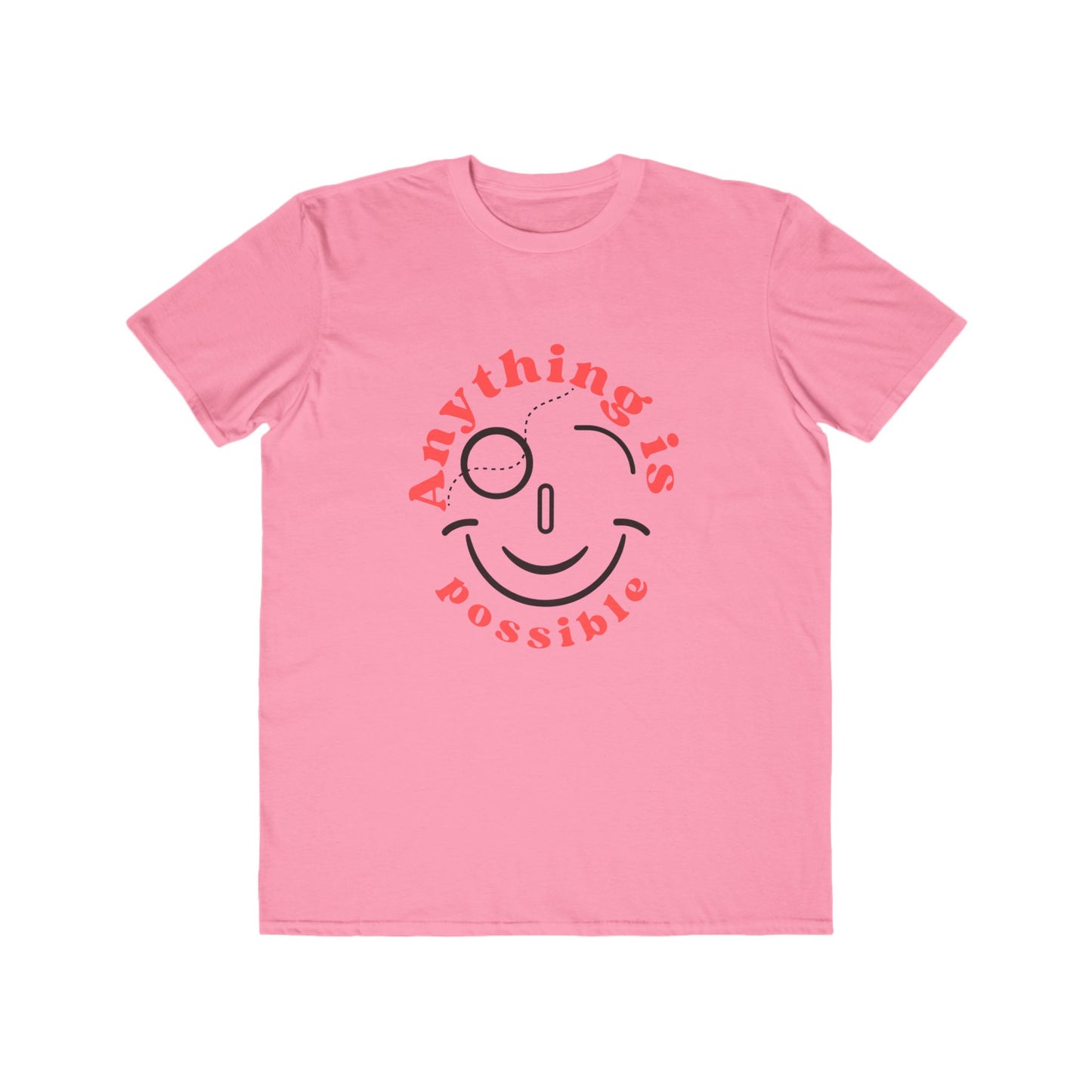 Pink t-shirt with a smiley face and 'Anything is possible' text on a white background