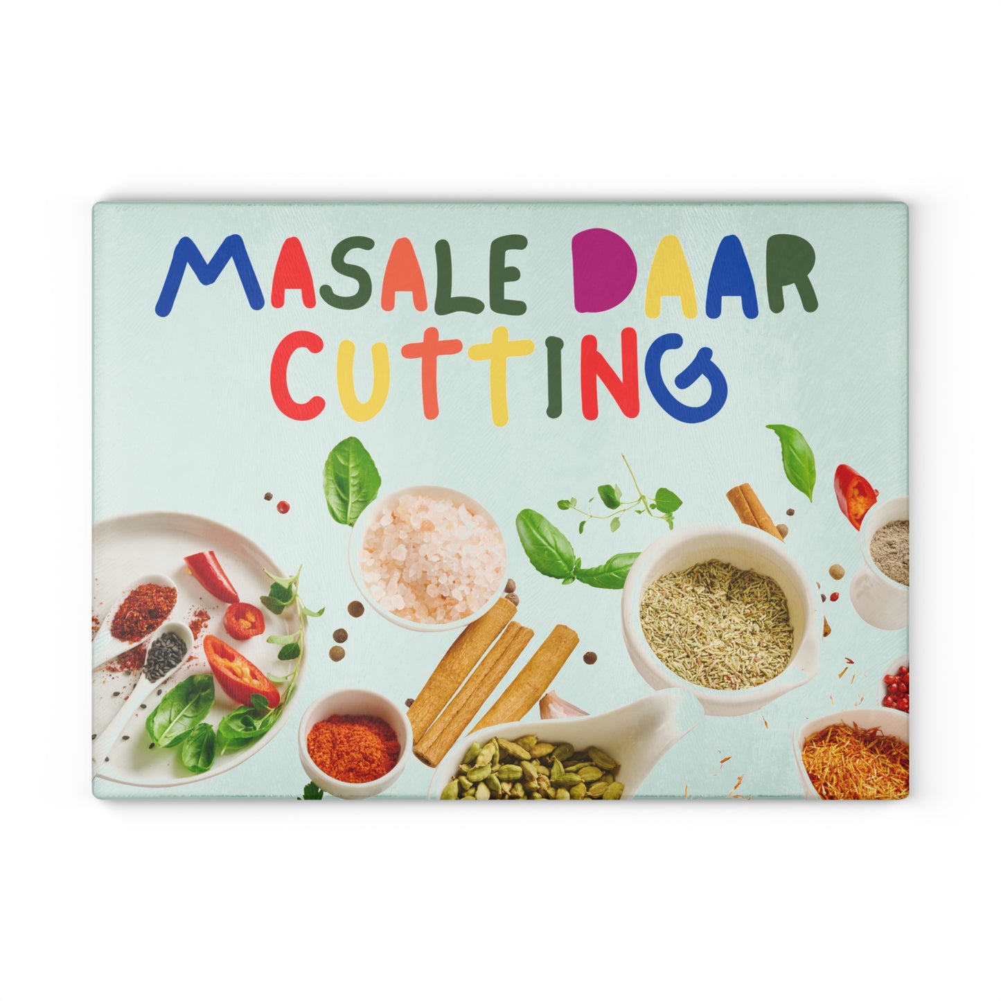 Tempered glass cutting board with desi quote “Masale Daar Cutting” surrounded by colorful Indian spice illustrations.