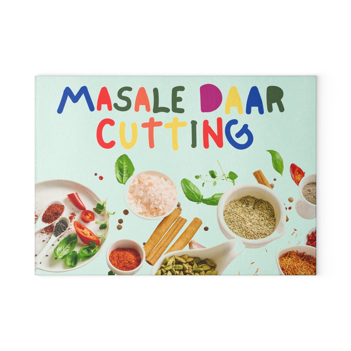 Tempered glass cutting board with desi quote “Masale Daar Cutting” surrounded by colorful Indian spice illustrations.