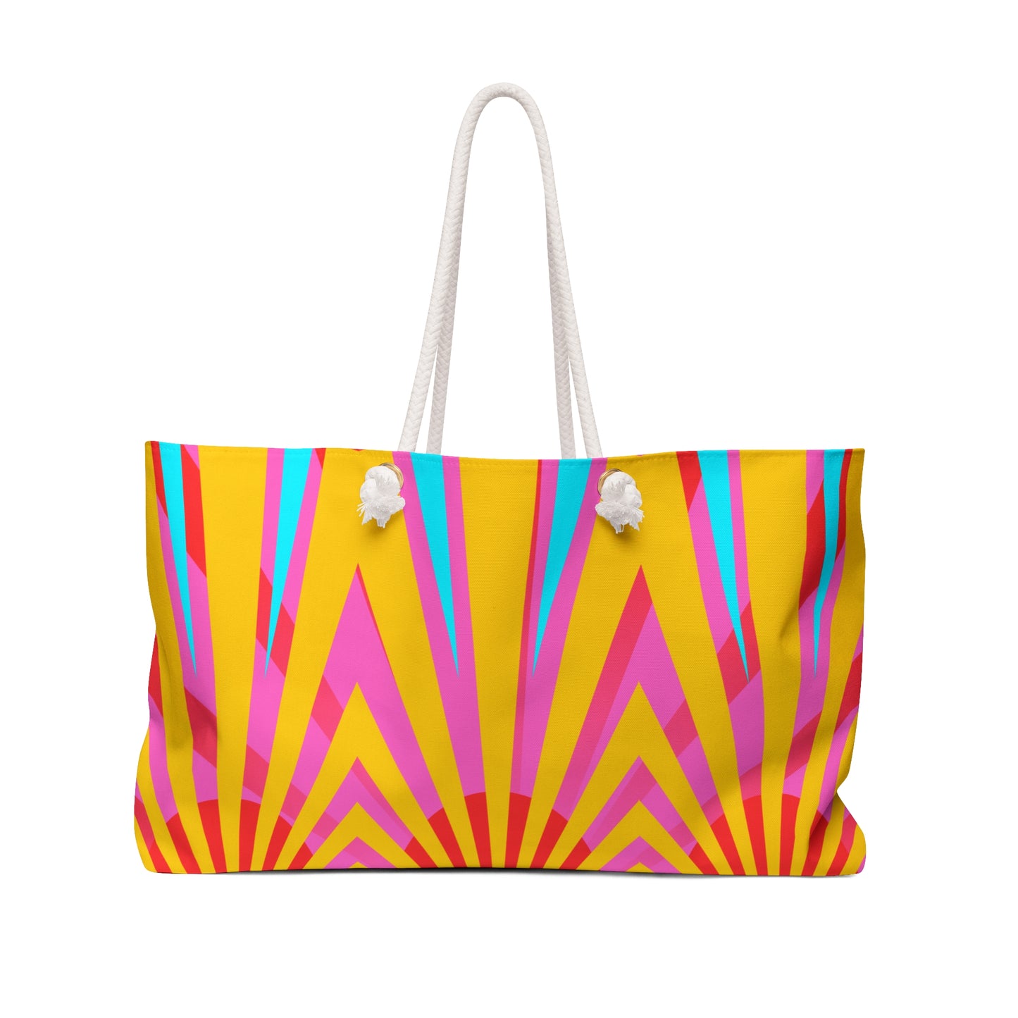 An oversized weekender tote bag with a bright multicolored geometric pattern, featuring yellow, pink, and blue colors, and made with a polyester exterior.