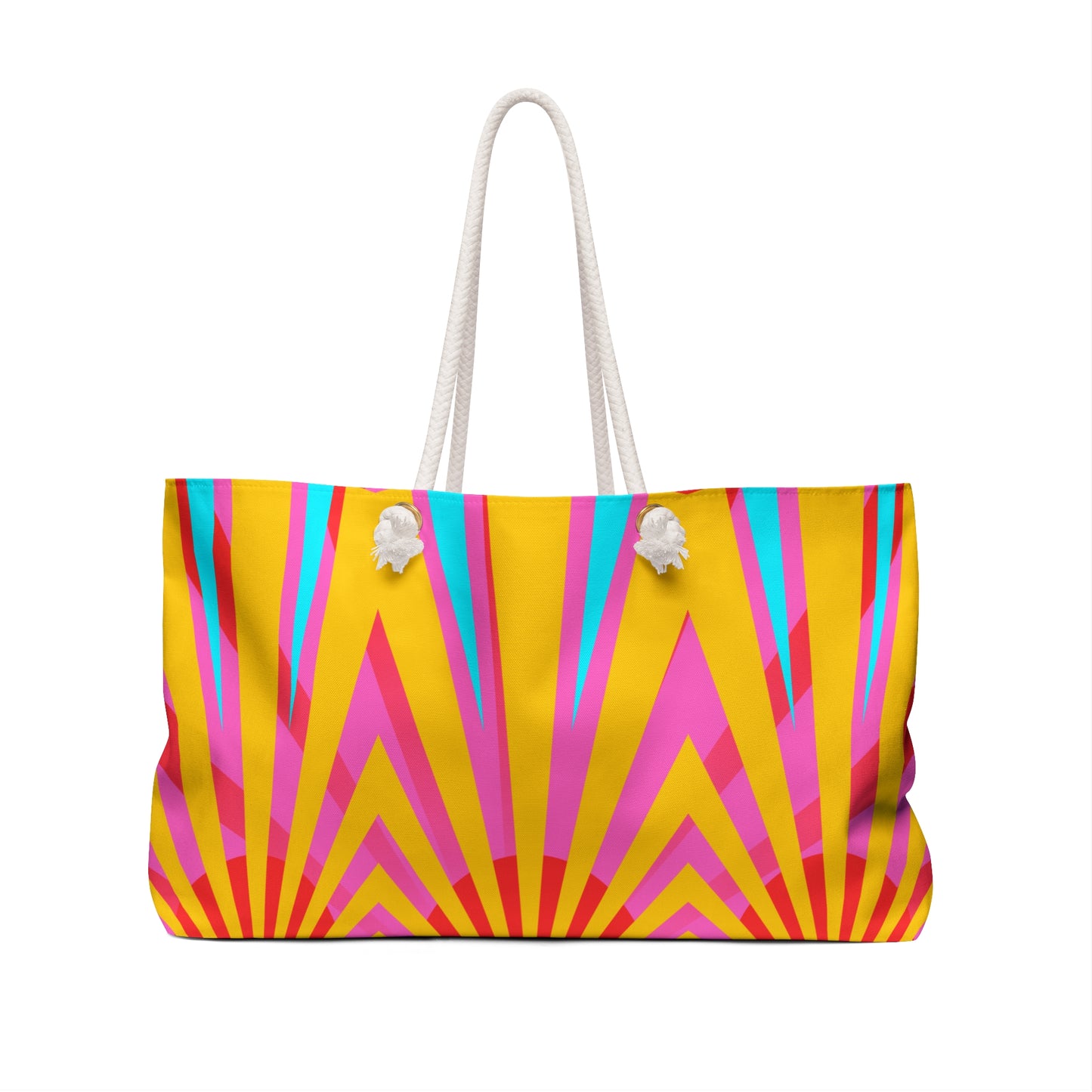 Colorful beach bag with geometric pattern on a white background
Details