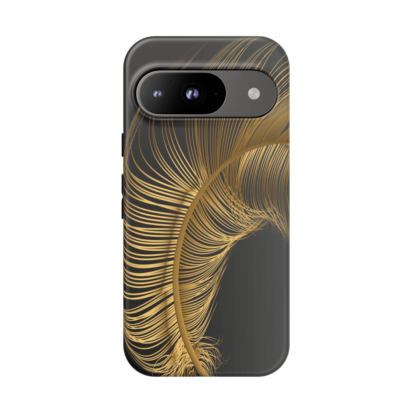 matte black google pixel 9 case with golden feather design - stylish and durable