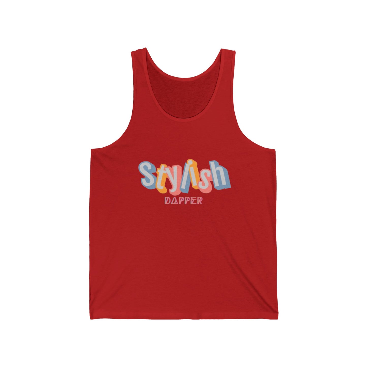 Unisex jersey tank with “Stylish Dapper” text on front