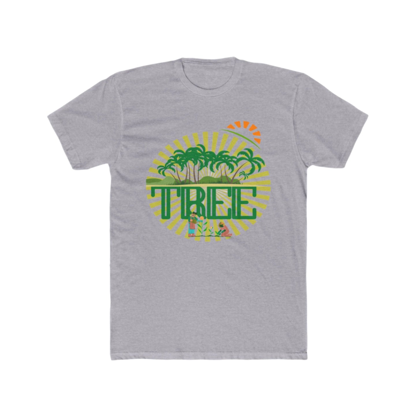 A solid heather grey unisex cotton crew tee with a graphic print in the center that includes green palm trees and the word 'PINE'.
